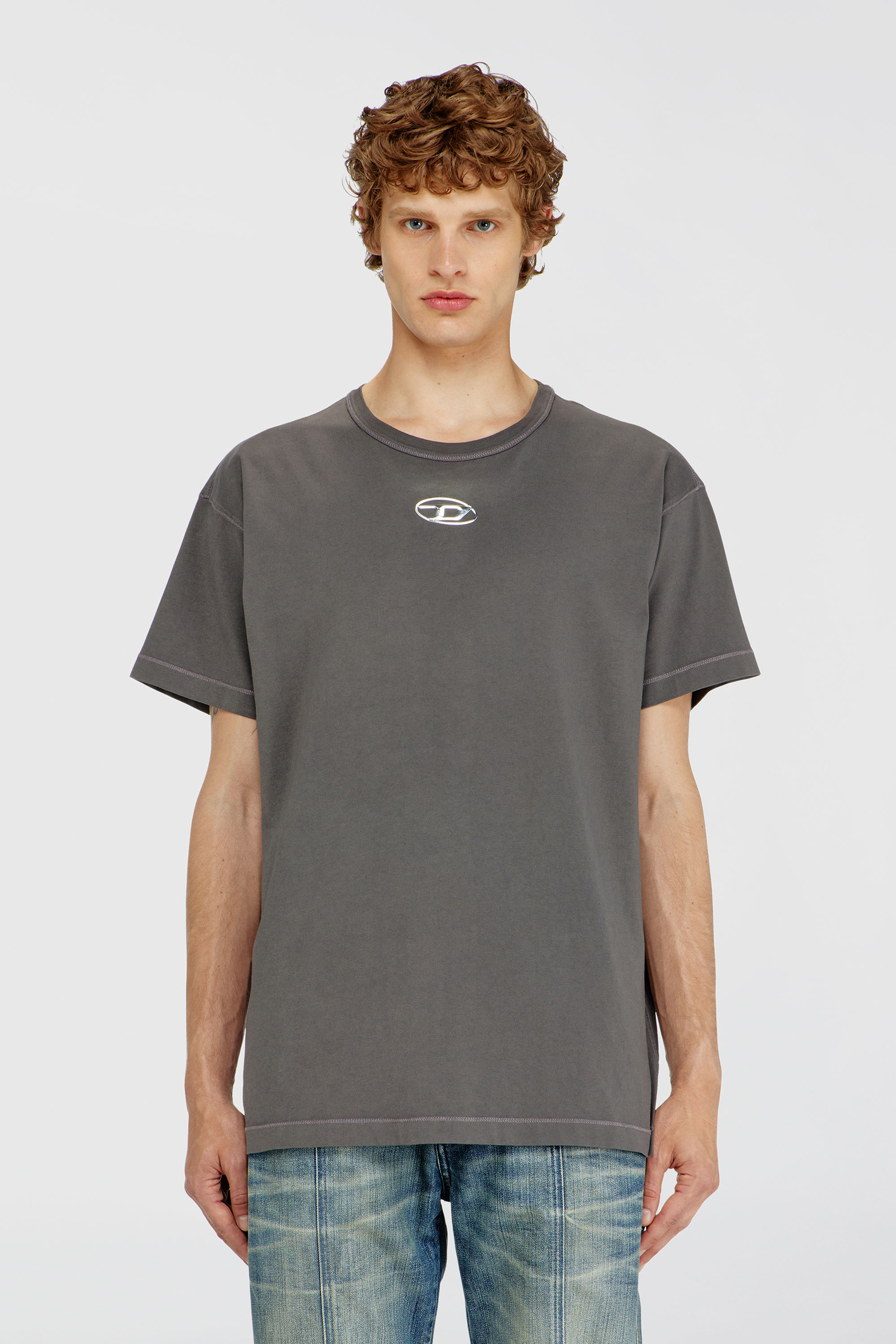 Diesel - T-NORM-IOD, Herren Leichtes Baumwoll-T-Shirt mit metallischem ovalem D-Logo in Grau - 1