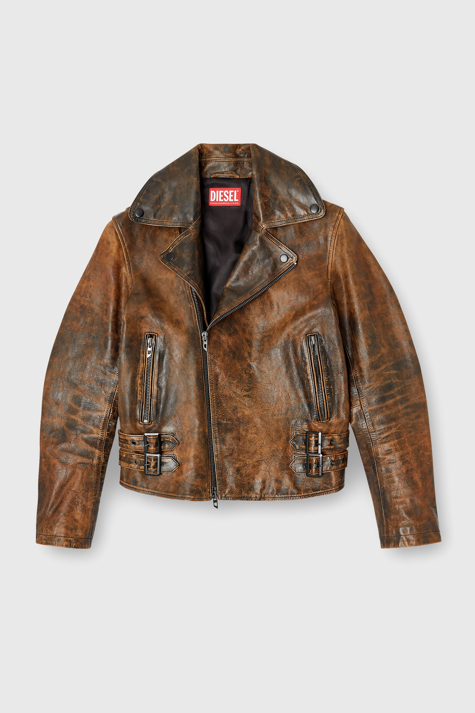 Diesel - L-EON, Herren Bikerjacke aus behandeltem Leder in Braun - 2