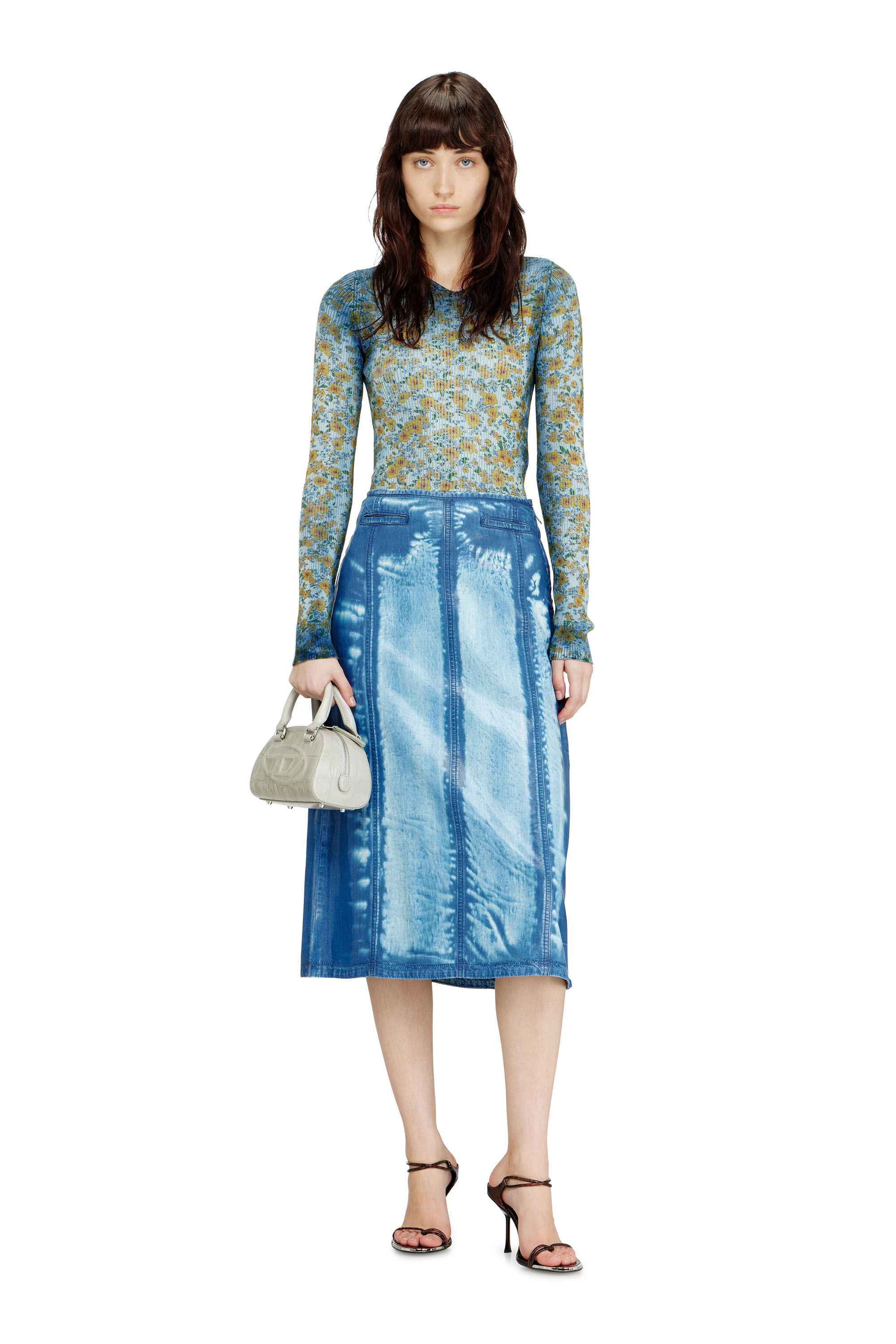 Diesel - M-EGE, Damen Rippenstrick-Top mit Blumenmuster im R&ouml;ntgen-Effekt in Blau - 1