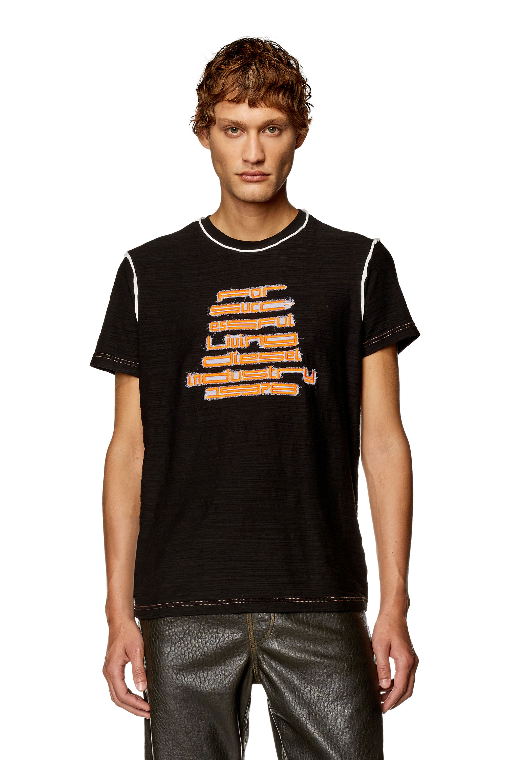 Diesel - T-DIEGOR-RAW-N2, Herren T-Shirt mit gesticktem Logo aus Noppenbaumwolle in Schwarz - Image 1
