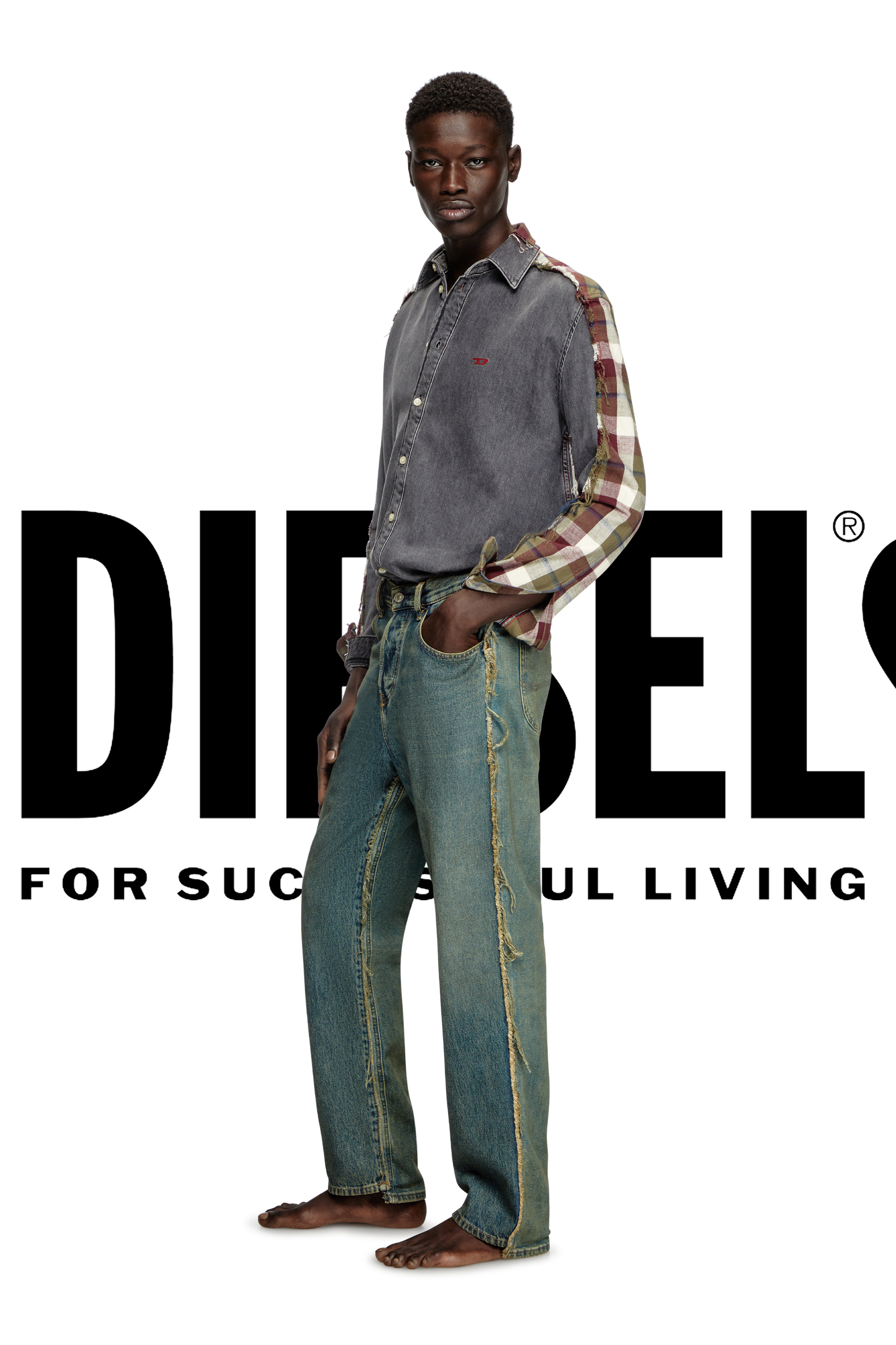 Diesel - Shirt Dieseloves 7A, Unisex Denim und Karo-Hemd in Grau/Rot - 1