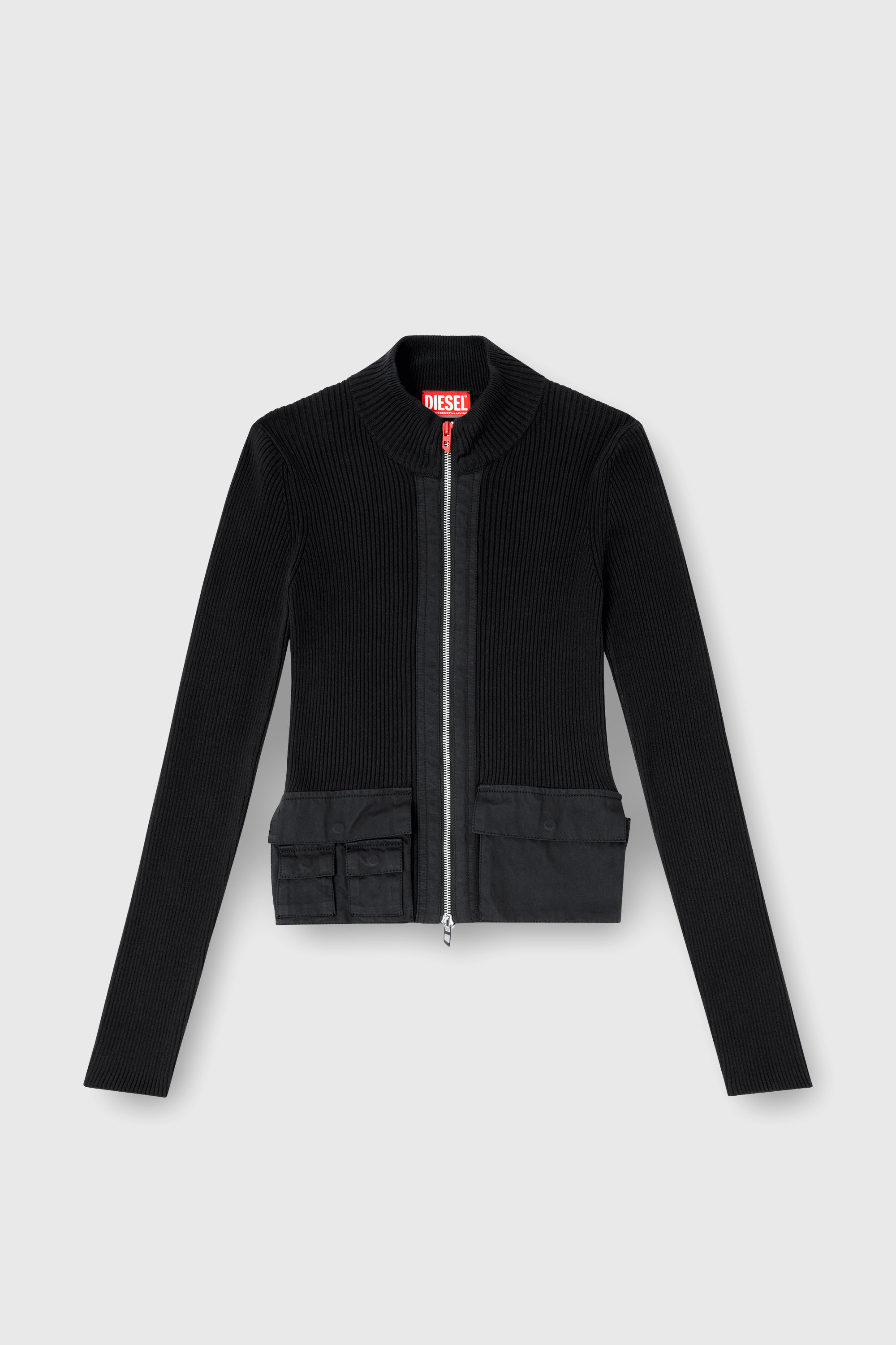 Diesel - M-MELISSA, Damen Geripptes Cardigan mit Cargotaschen in Schwarz - 2