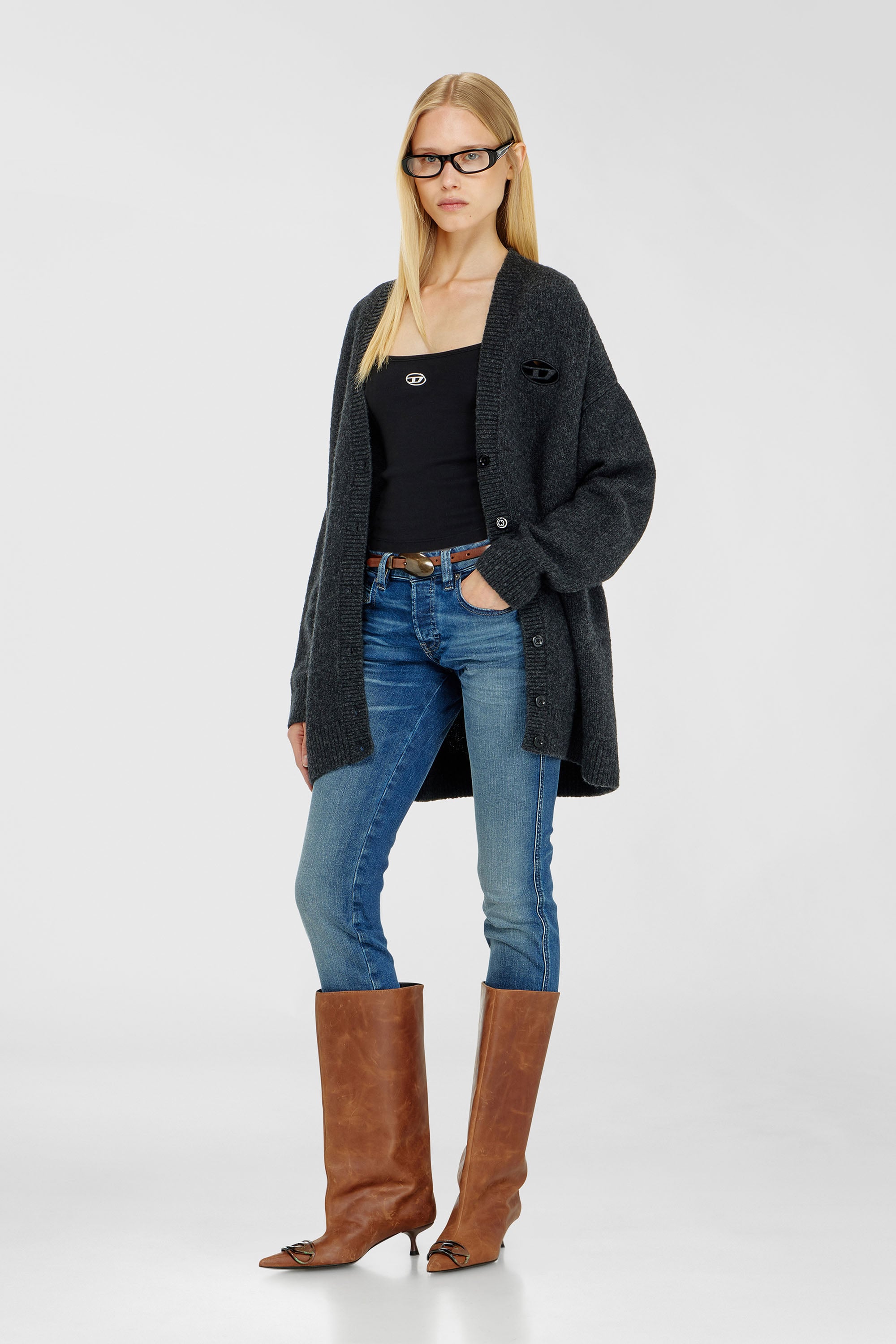 Diesel - T-HUPY-OD, Damen Rippen-Top mit metallicfarbenem Oval D in Schwarz - 1