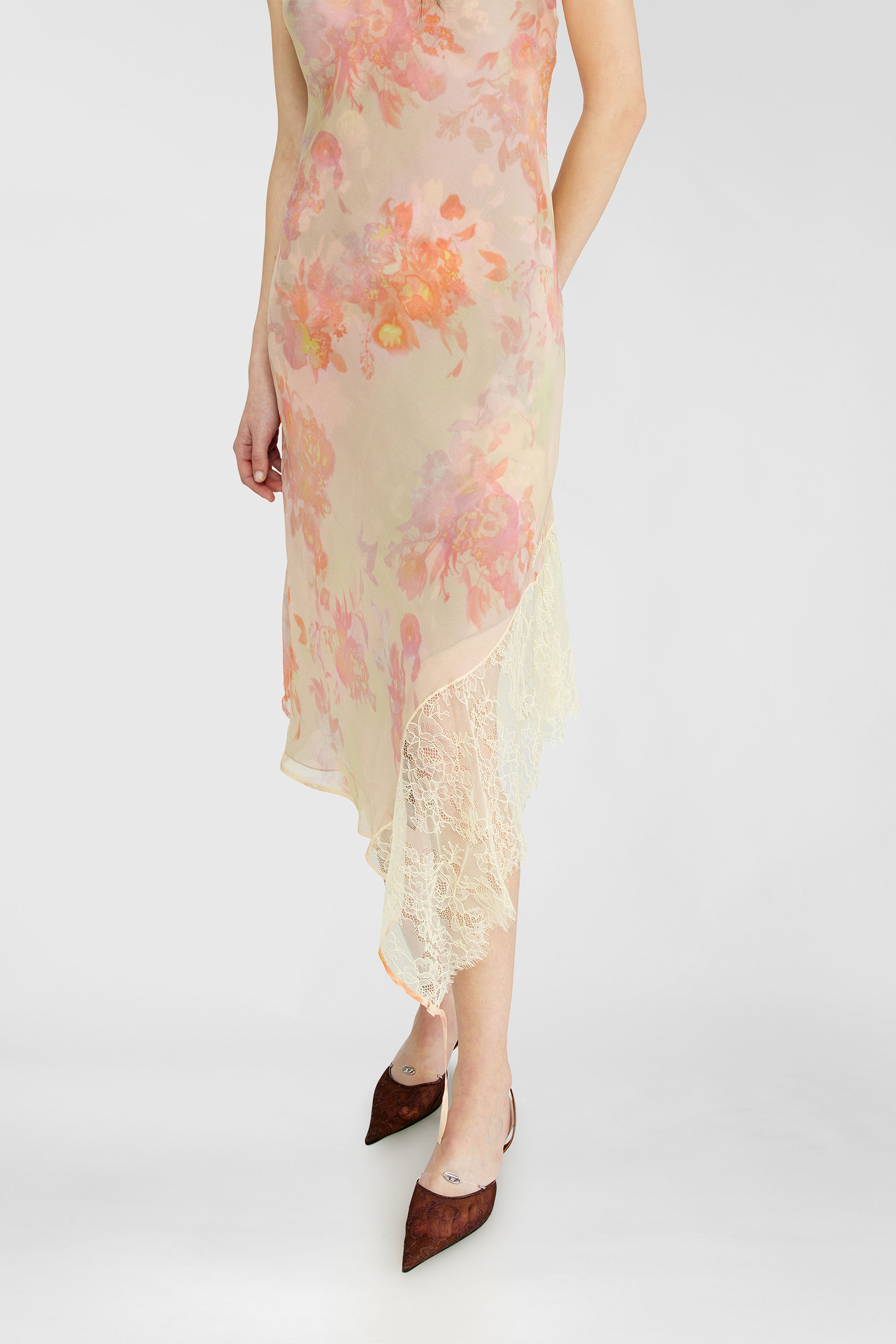 Diesel - D-ANCEL, Damen Midikleid aus Satin mit Blumenmuster und Spitzenbesatz in Rosa/Gelb - 6