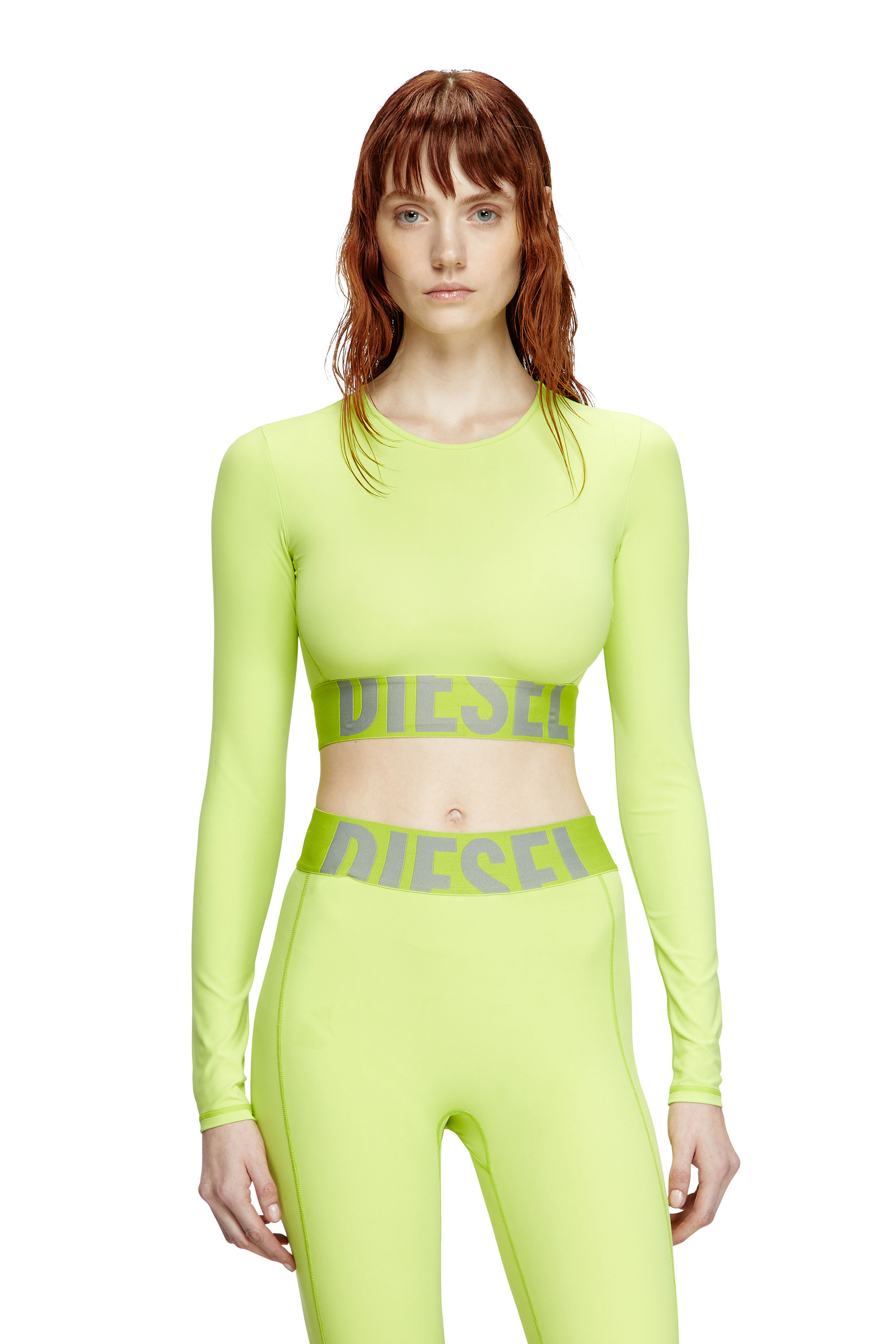 Diesel - MELISSA-D-POP, Damen Verkürzte Oberteil aus Mikrofaser mit Cut-off-Logo in Neongrün - 1