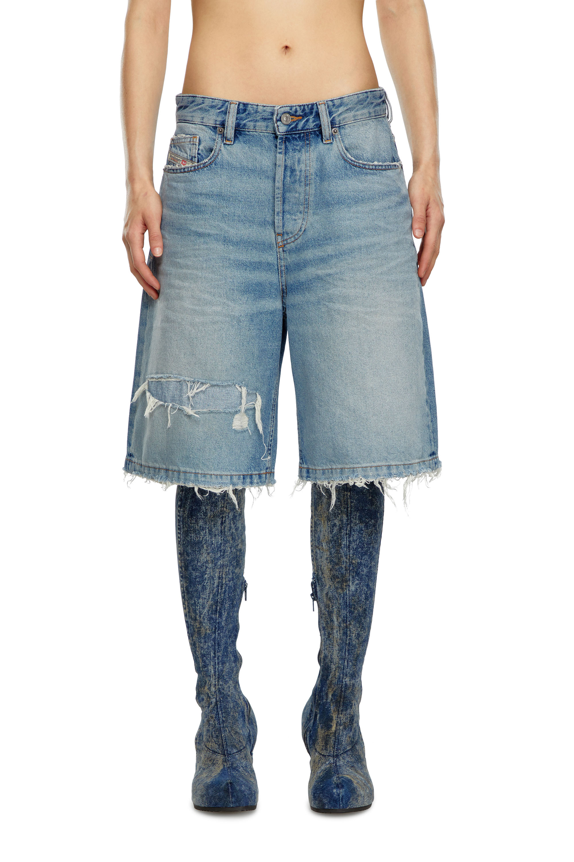 Diesel - DE-SIRE-SHORT, Woman Shorts in ripped and repaired denim in Blue - Image 1