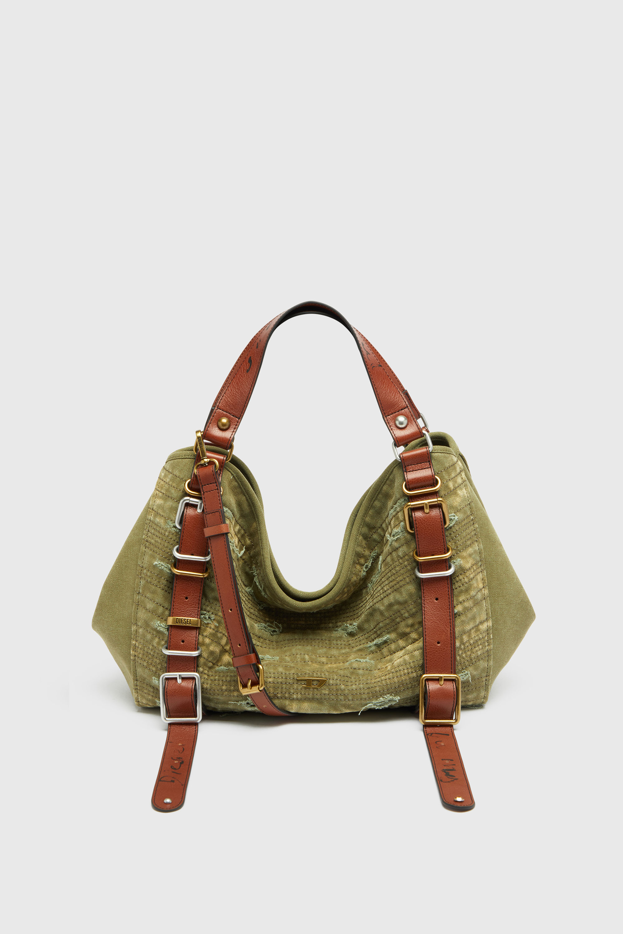 Diesel - D-ONE TOPHANDLE M, Unisex D-One-Medium Henkeltasche aus Canvas in Used-Optik in Armeegr&uuml;n - 2