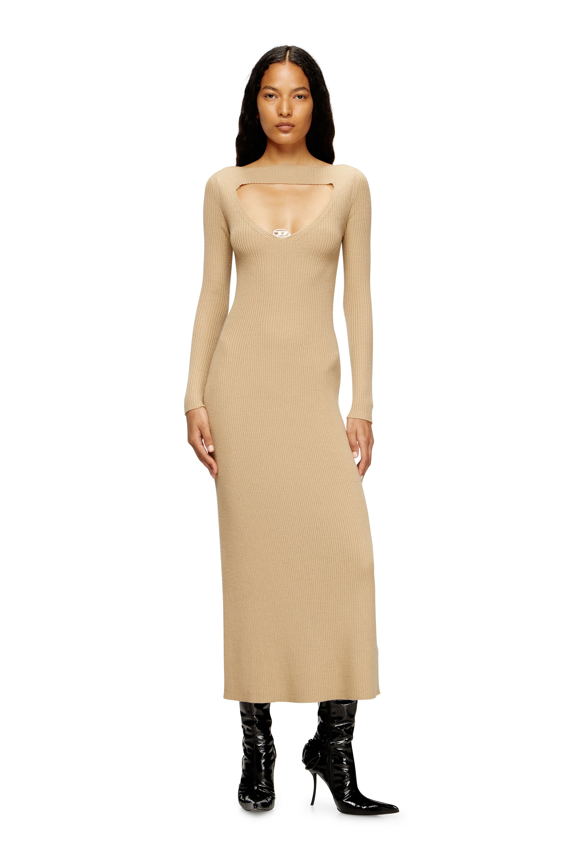 Diesel - M-OLONI, Damen Midikleid aus Wolle mit Intarsienmuster in Hellbraun - 2