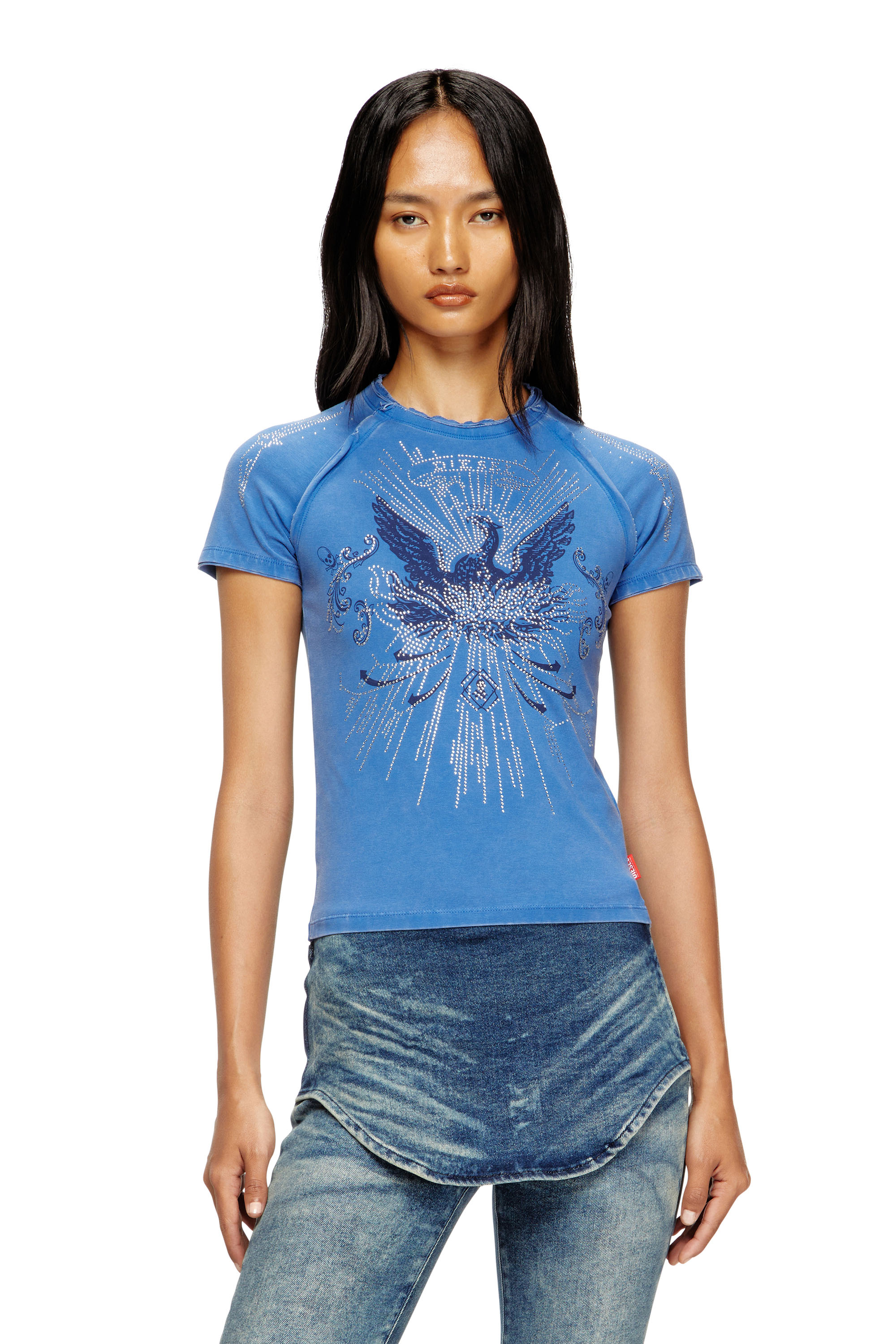 Diesel - T-ROWEENA, Damen Phoenix-T-Shirt mit Strasssteinen in Blau - 1