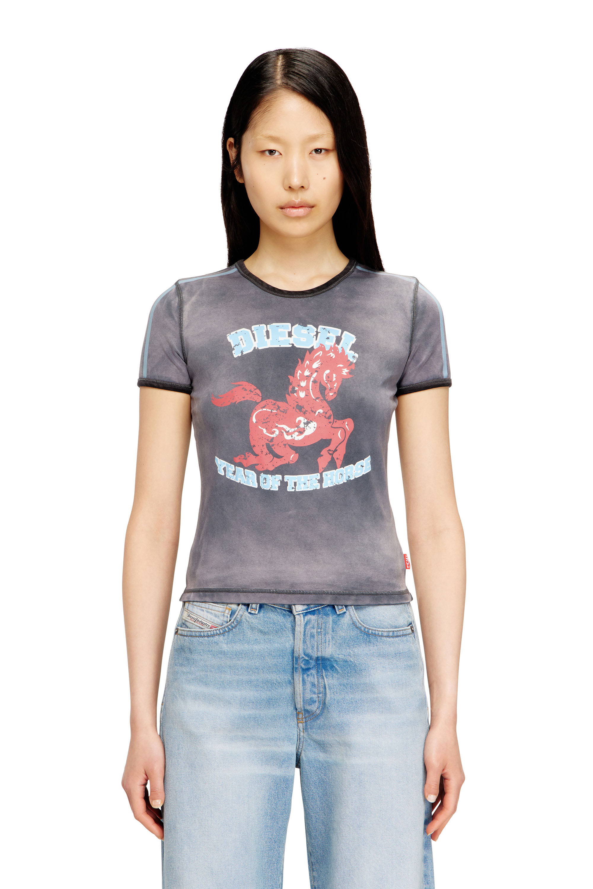 Diesel - CL-T-UNCUTIE-HORSE, Damen Baumwoll-Stretch-T-Shirt mit Pferde-Print in Schwarz - 1