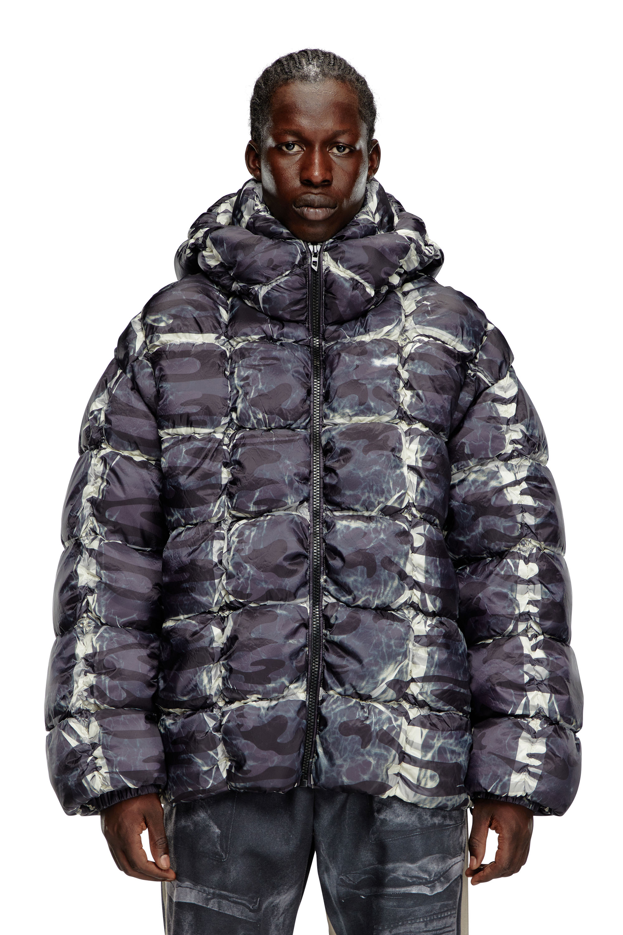 Diesel - W-CLAUS-CAMU, Herren Puffer-Jacke mit Kapuze und Camouflage-Print in Grau - 3