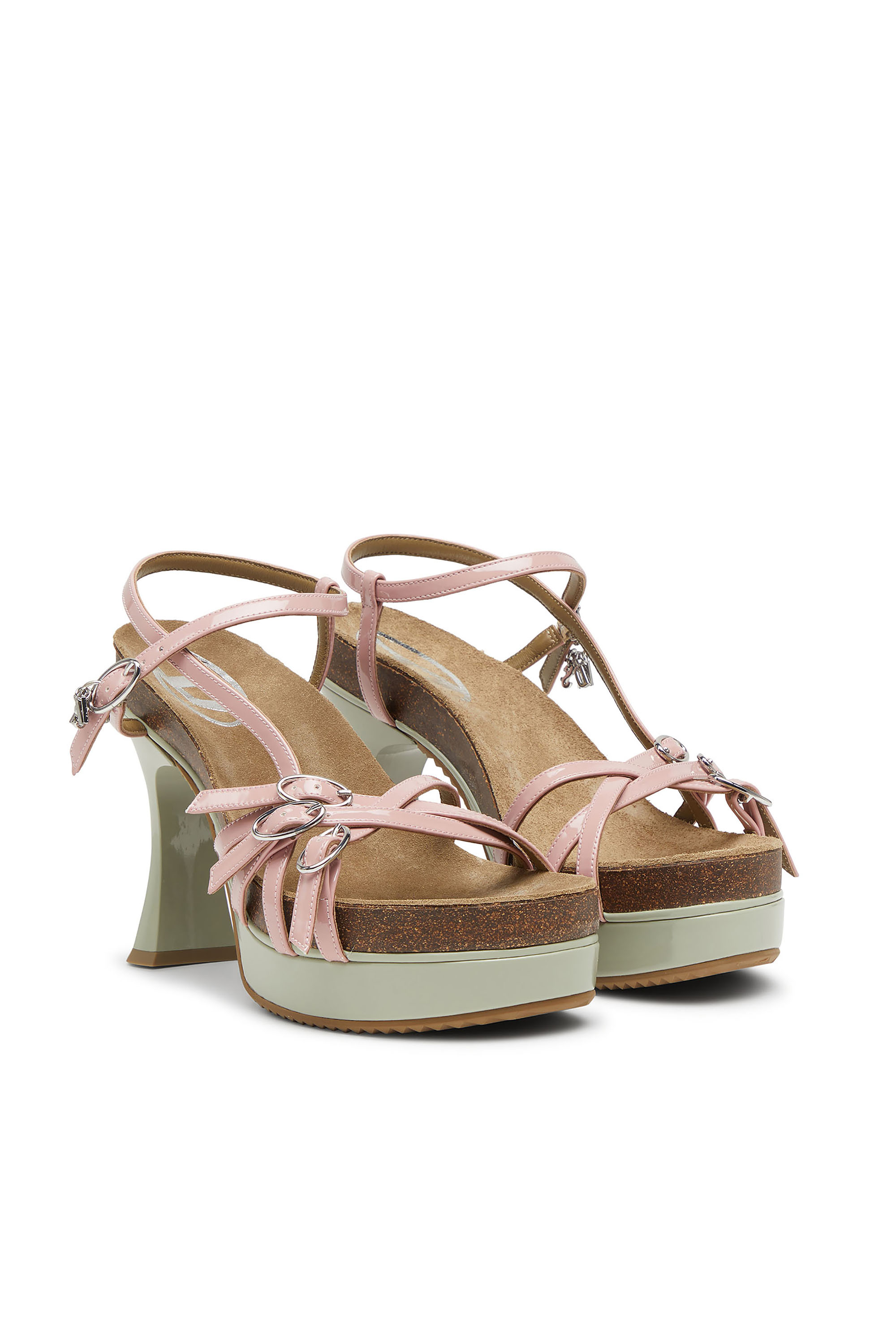 Diesel - D-WOODSTOCK 105 SANDAL, Damen D-Woodstock-Riemchen-Plateausandalen aus glänzendem PU in Rosa/Weiss - 3