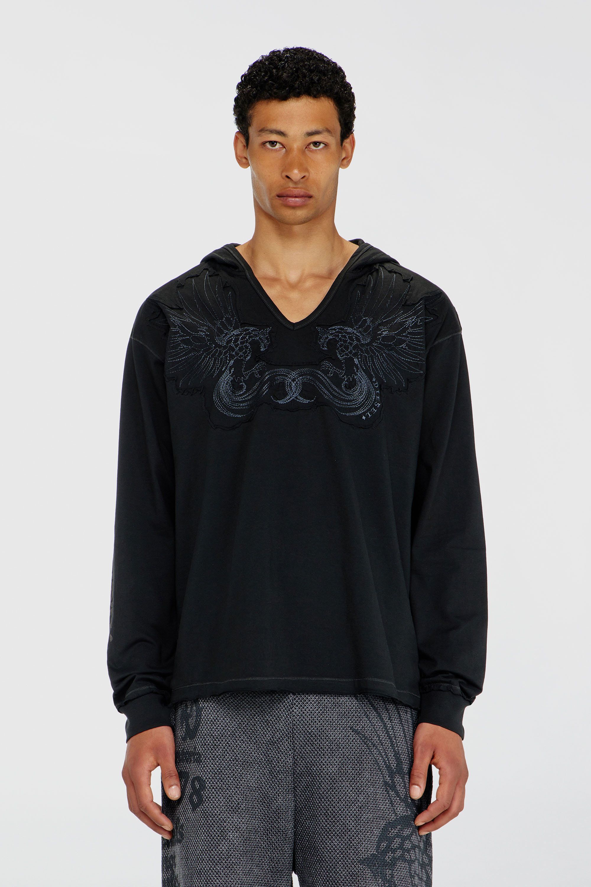 Diesel - T-PHEN-LS-HOOD-RIB, Herren Kapuzenpullover mit V-Ausschnitt und Stickerei vorn in Schwarz - 3