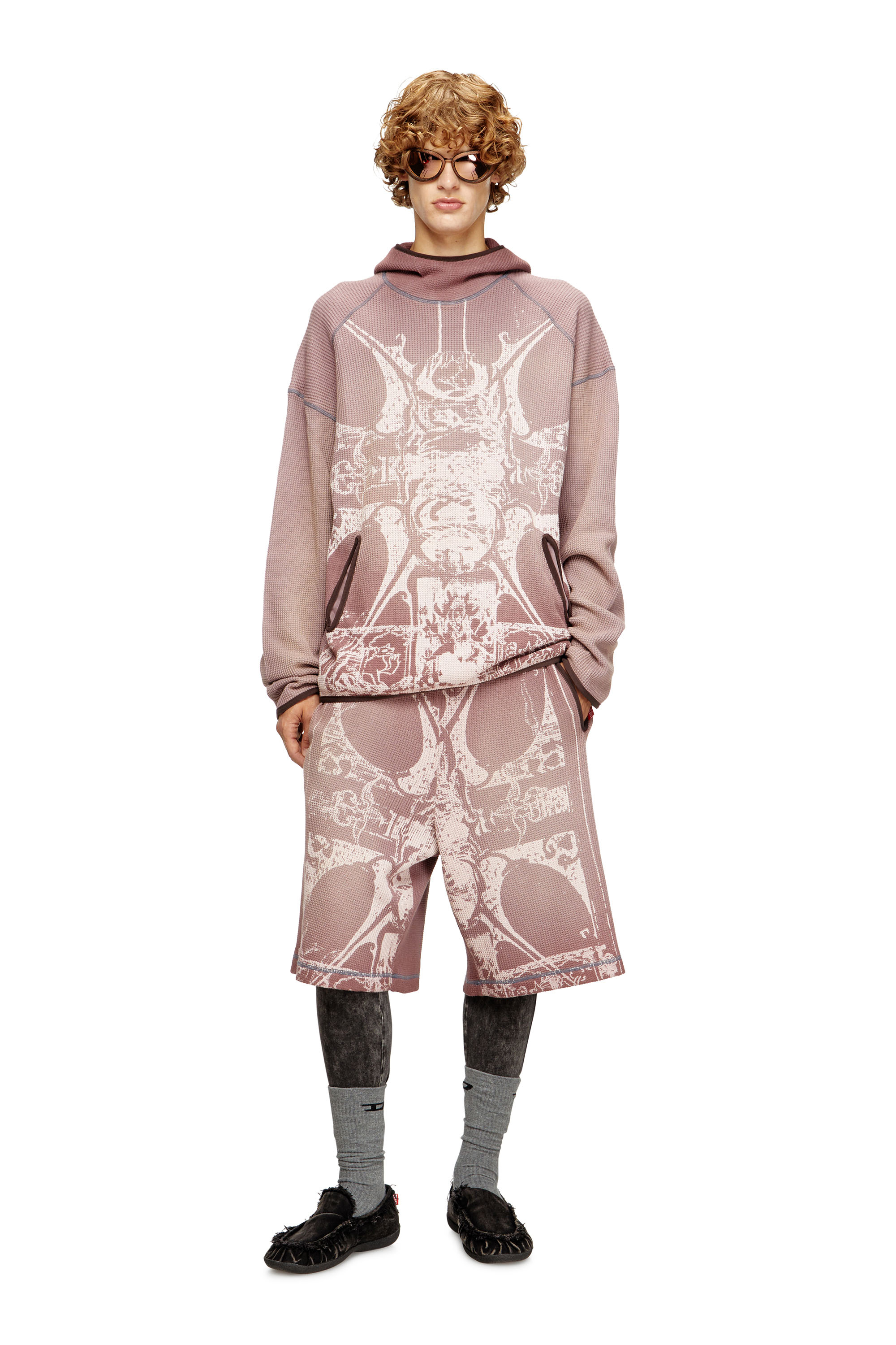 Diesel - S-WAF-HOOD-NEW, Herren Verblasster Waffel-Kapuzenpullover mit Grafik-Print in Violett - 1