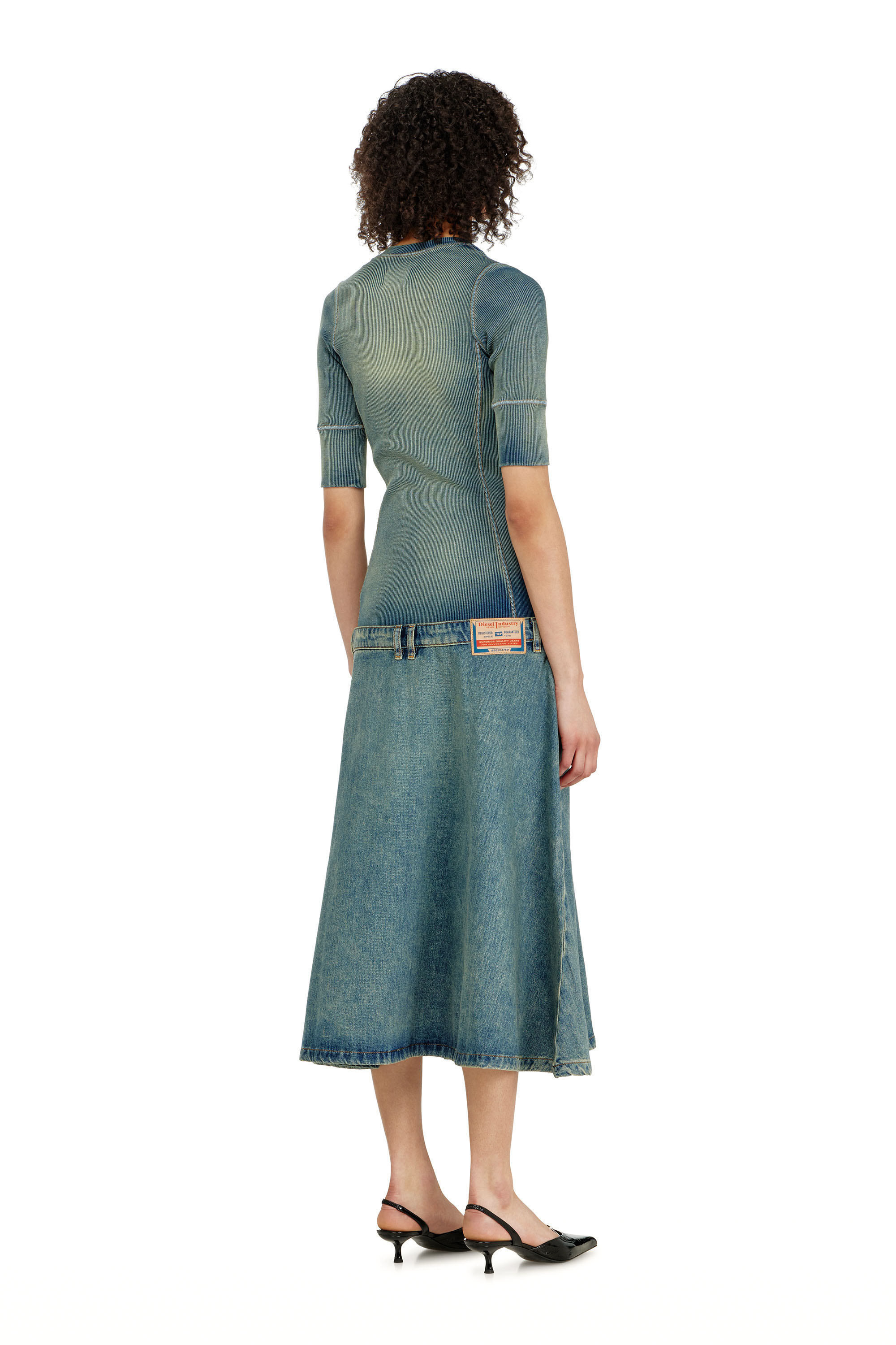 Diesel - DE-ANIM-S, Damen Midikleid mit tiefer Taille aus Strick und Denim in null - 4