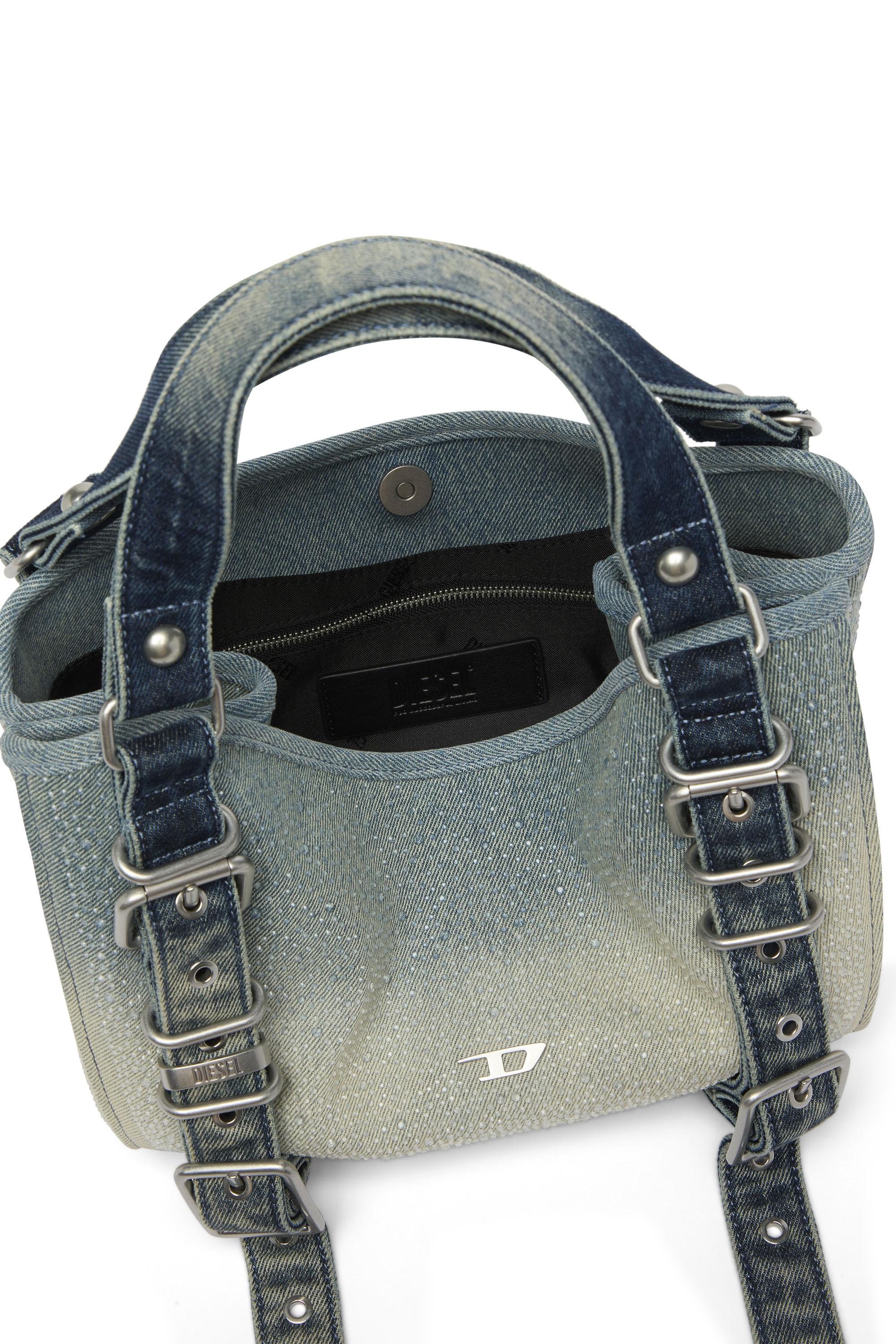 Diesel - D-ONE TOPHANDLE S, Damen D-One-Small Henkeltasche aus solarisiertem Denim mit Kristallen in Blau - 4