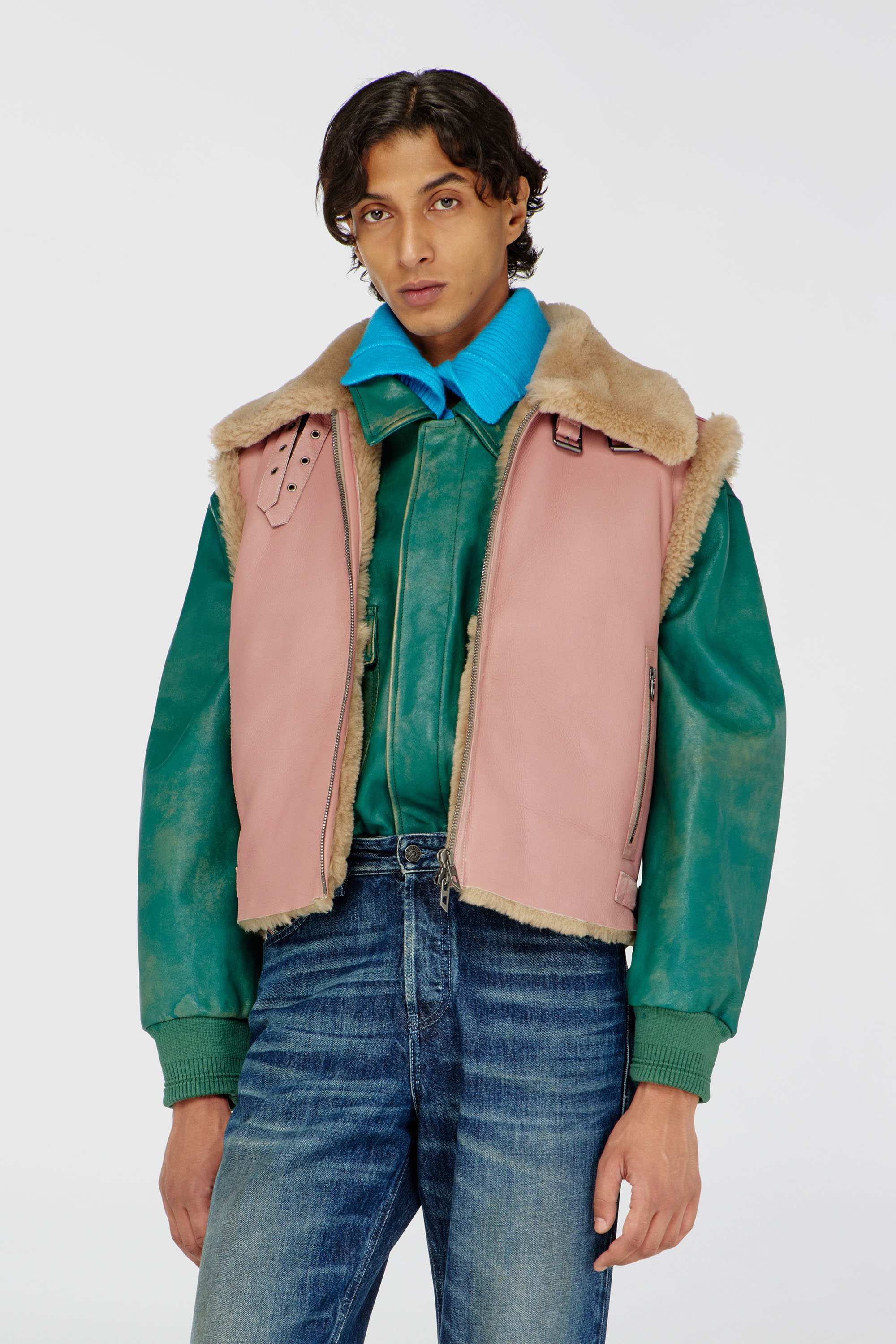 Diesel - L-HONT, Herren Lederweste mit Shearling in Rosa - 1