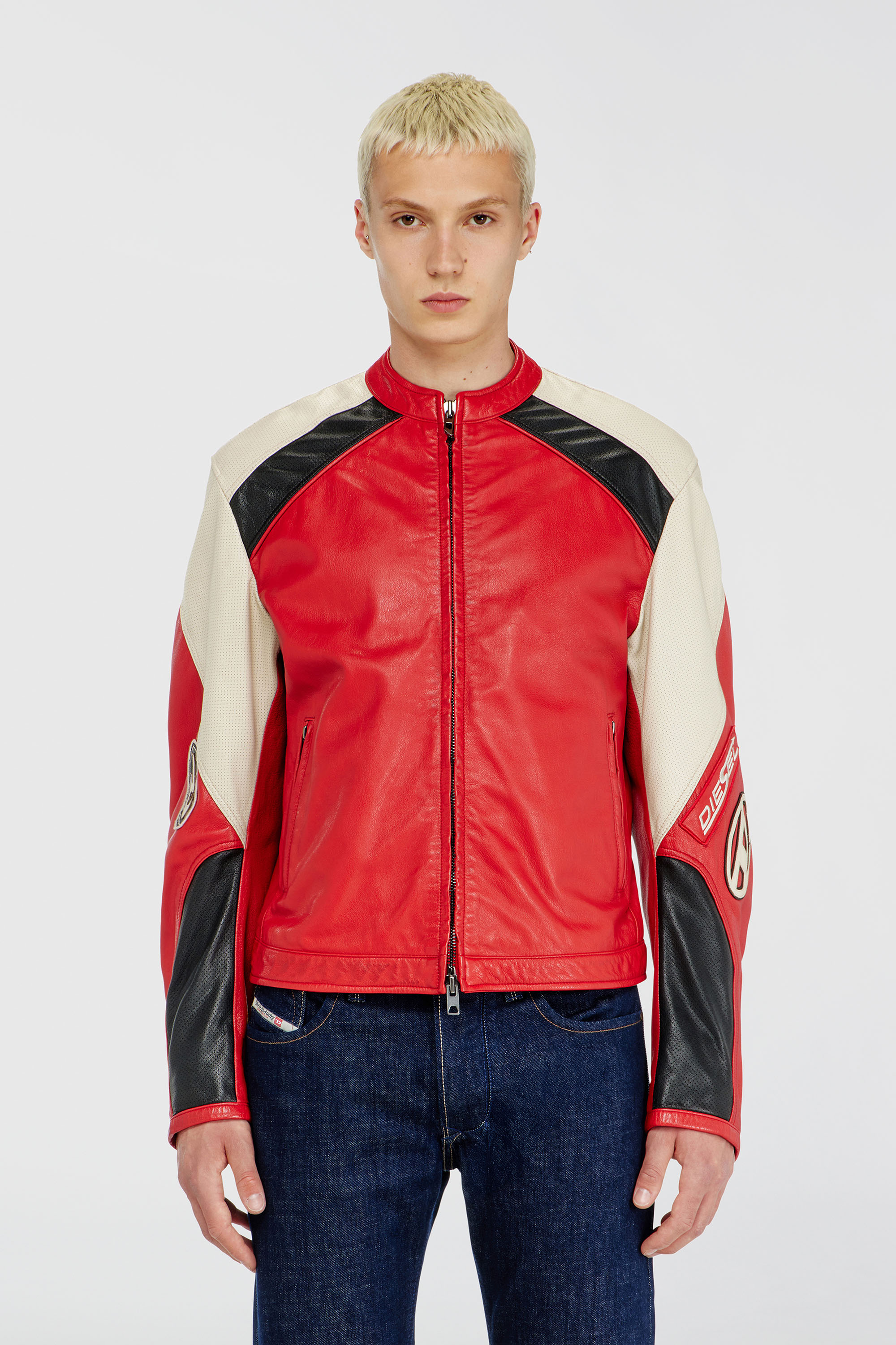 Diesel - L-AHTI, Herren Bikerjacke aus perforiertem Colour-Block-Leder in Beige/Rot - 1