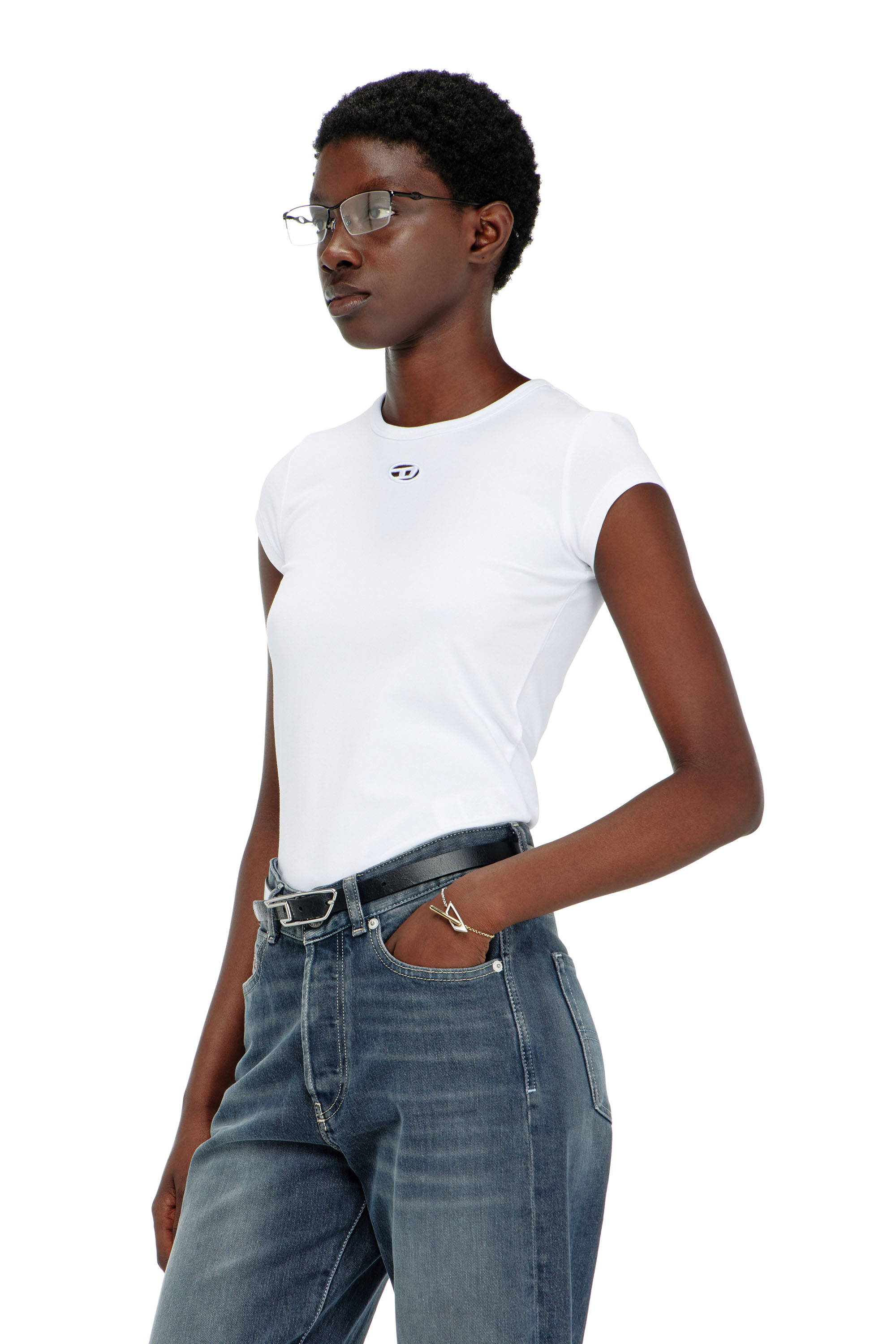 Diesel - T-ANGIE-OD, Damen T-Shirt mit ausgeschnittenem, besticktem Logo in Wei&szlig; - 3