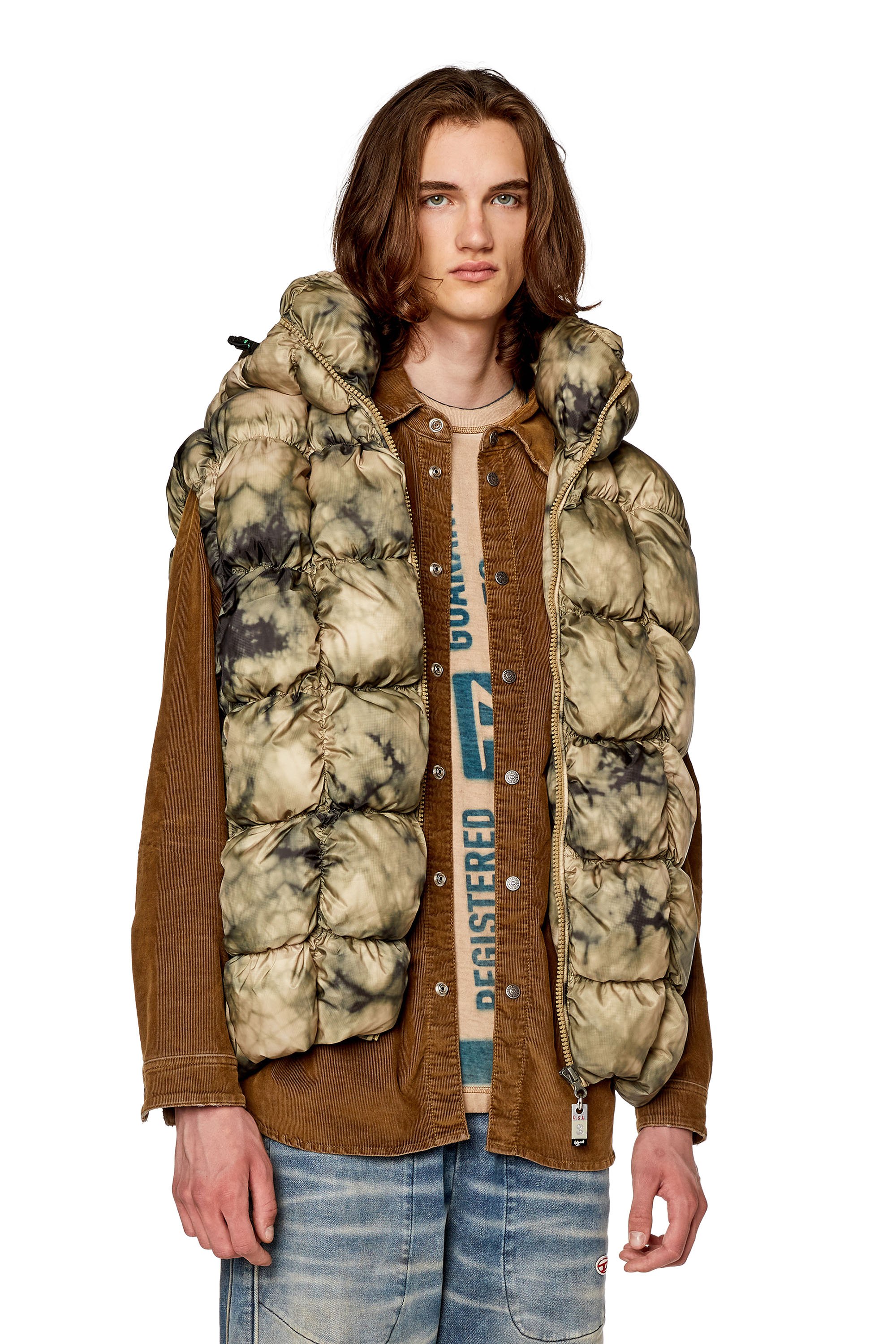 Diesel - W-RALLE-SL, Herren Wattierte Westenjacke mit Kapuze in Beige - 1