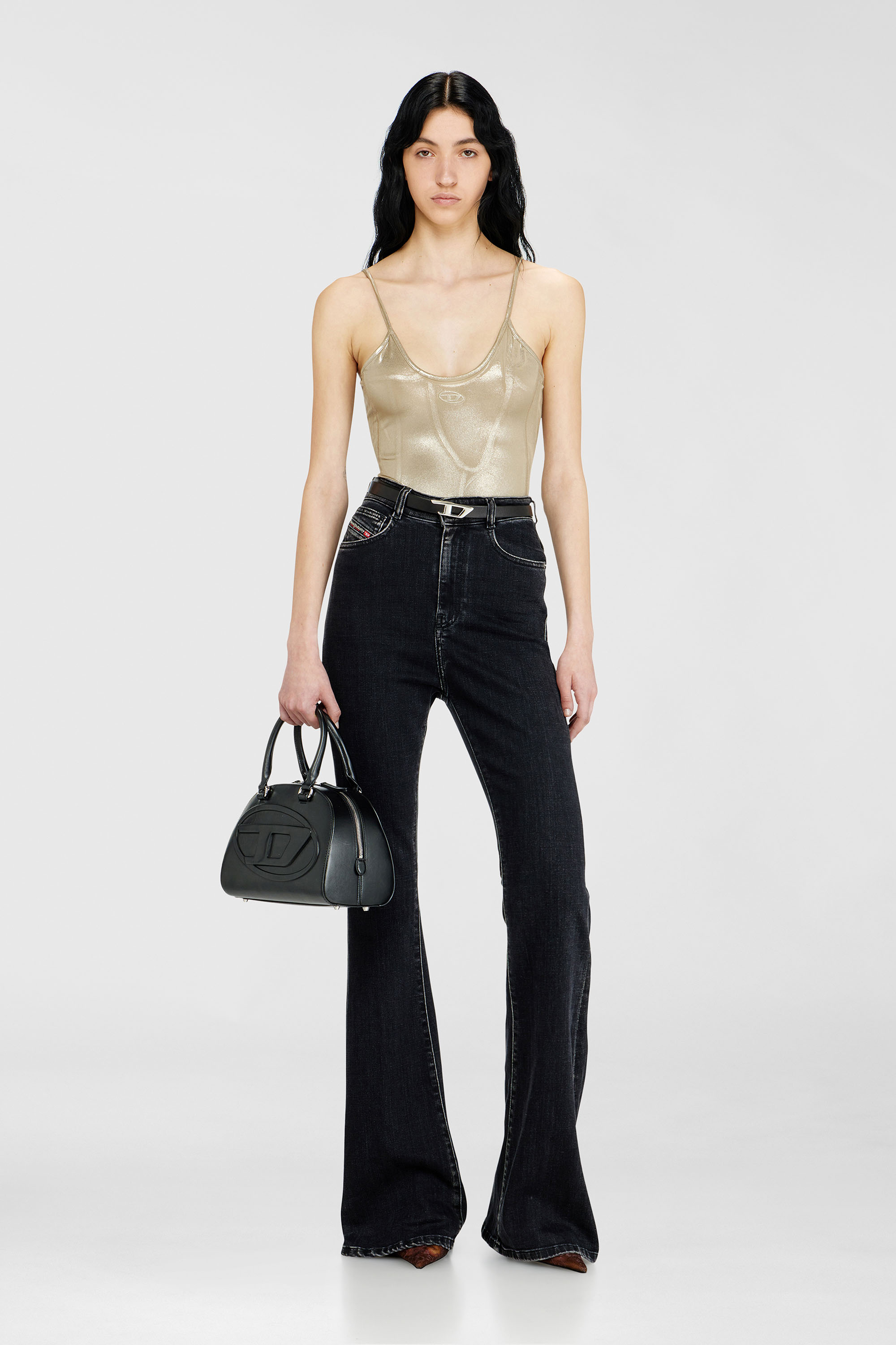Diesel - T-IMYNY, Damen Gl&auml;nzender Jersey-Body mit Rundhalsausschnitt in Gold - 2