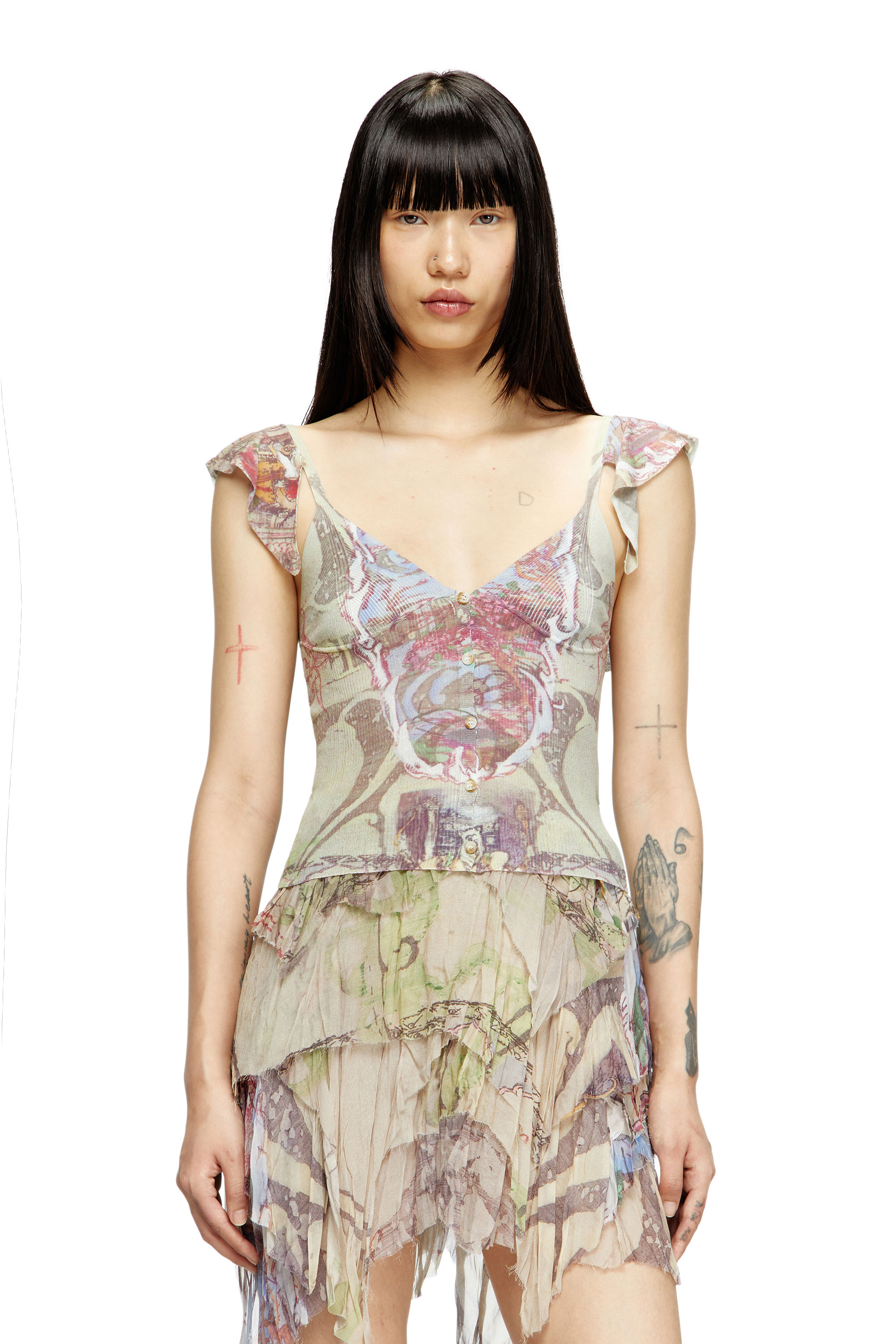 Diesel - M-FIORE, Damen Stricktop mit gerüschten Schultern und mittelalterlichem Print in Beige - 3