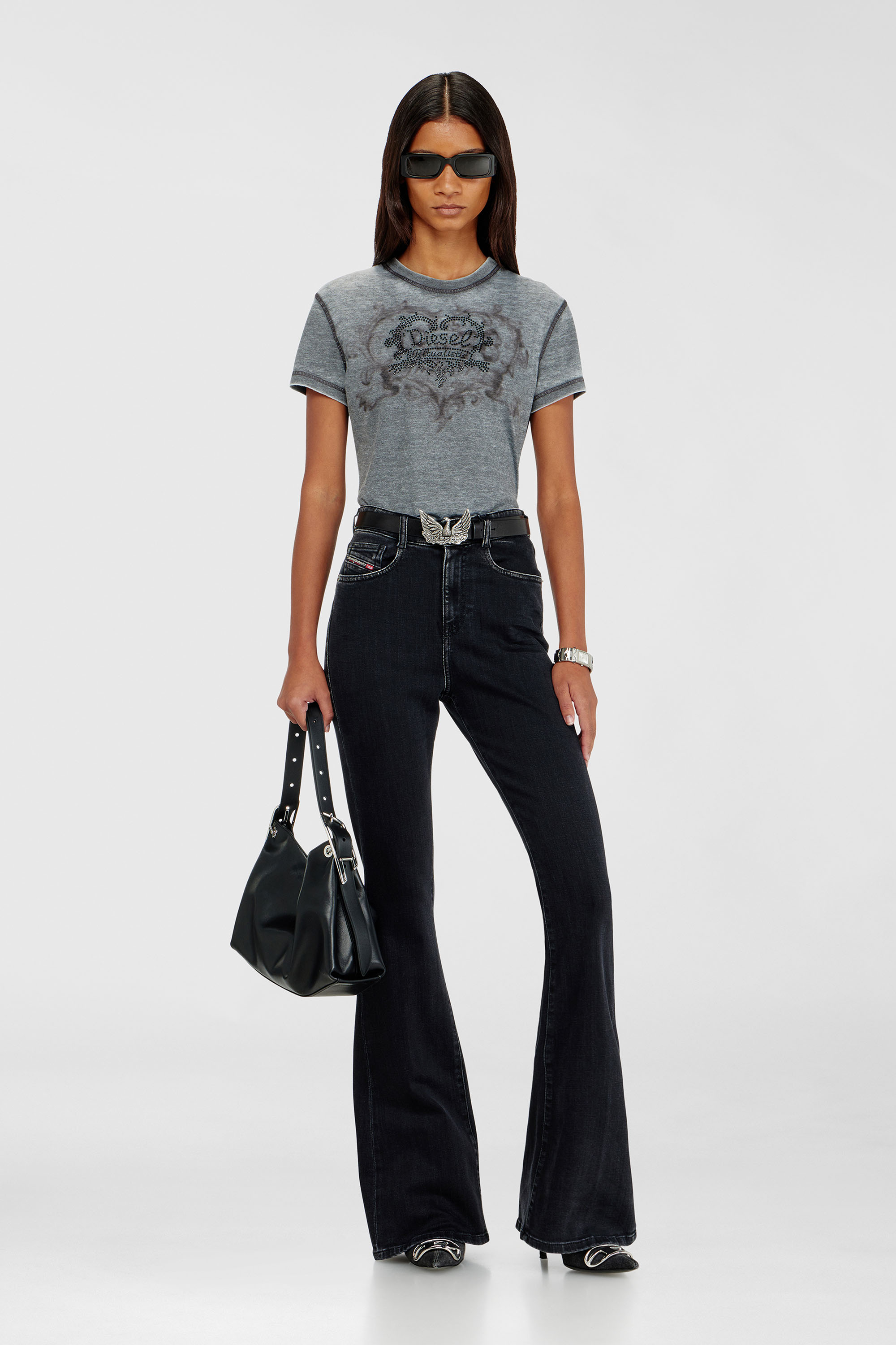Diesel - T-ILA-AA1, Damen Jersey-T-Shirt mit Strasssteinen und burnout effect in Grau - 1