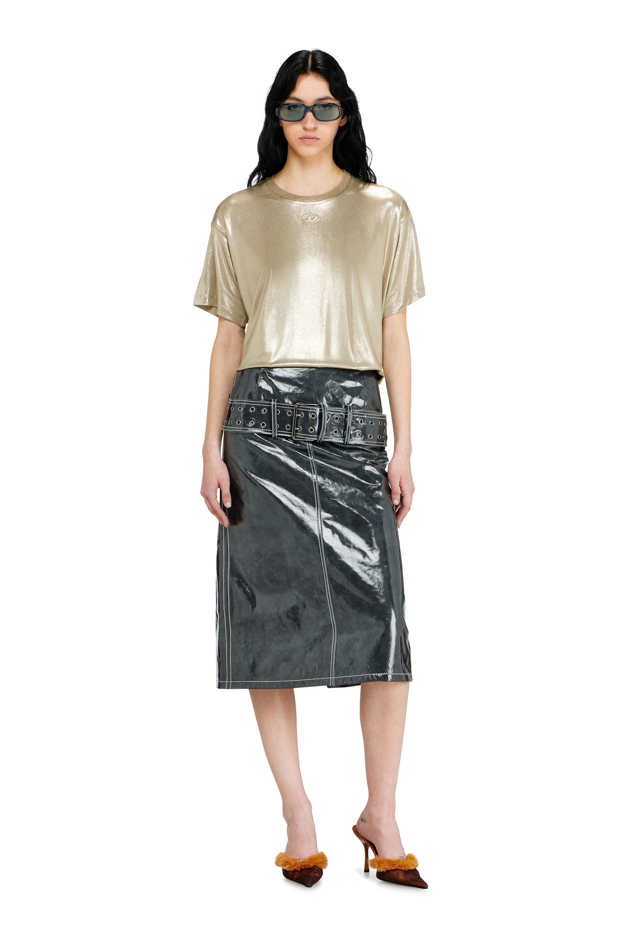 Diesel - T-NORMY-AA2, Damen Jersey-T-Shirt mit Metallic-Finish in Beige - 1