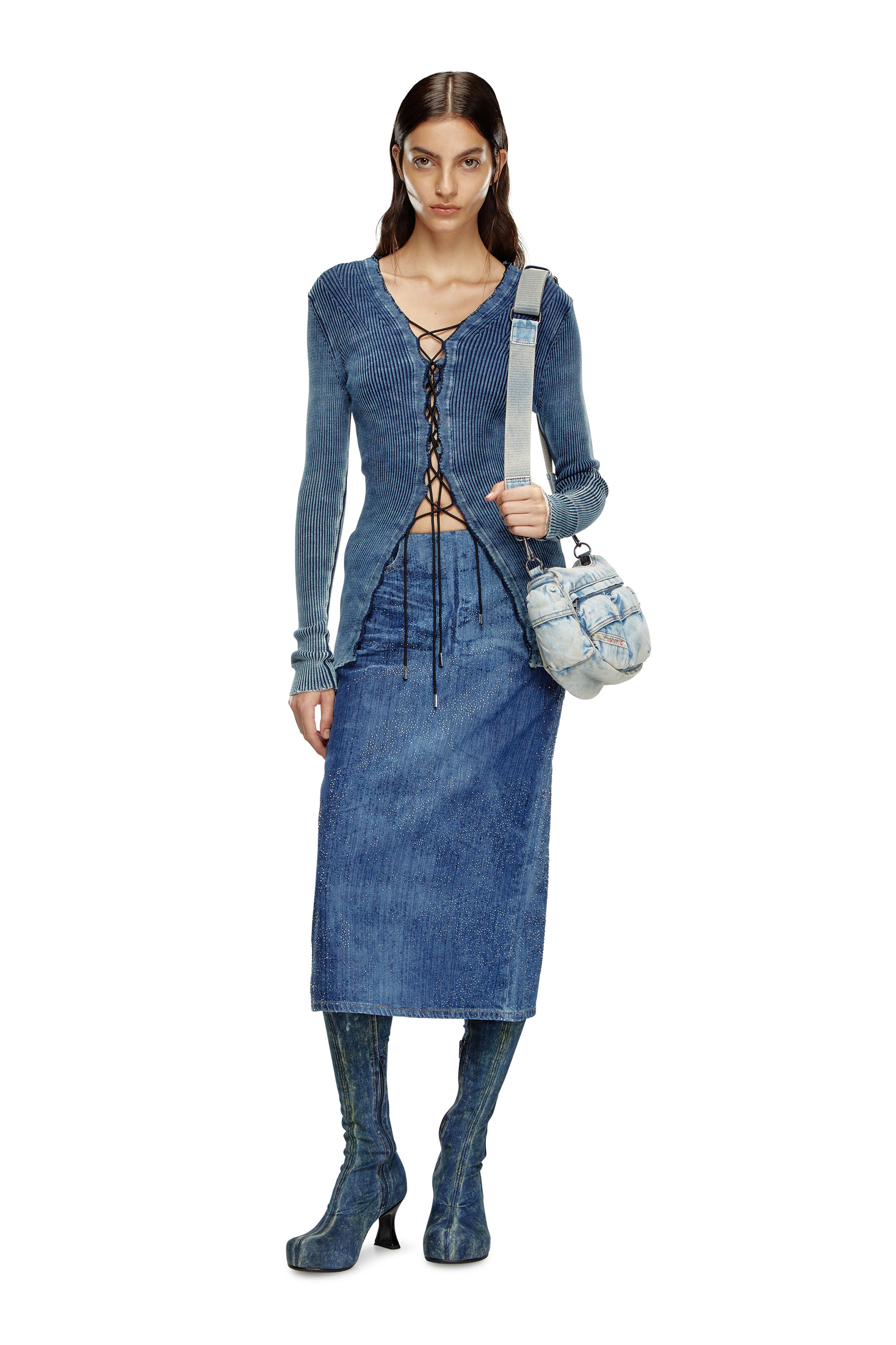 Diesel - DE-PRA-S3, Damen Bleistiftrock aus strassbesetztem Denim in Dunkelblau - 1