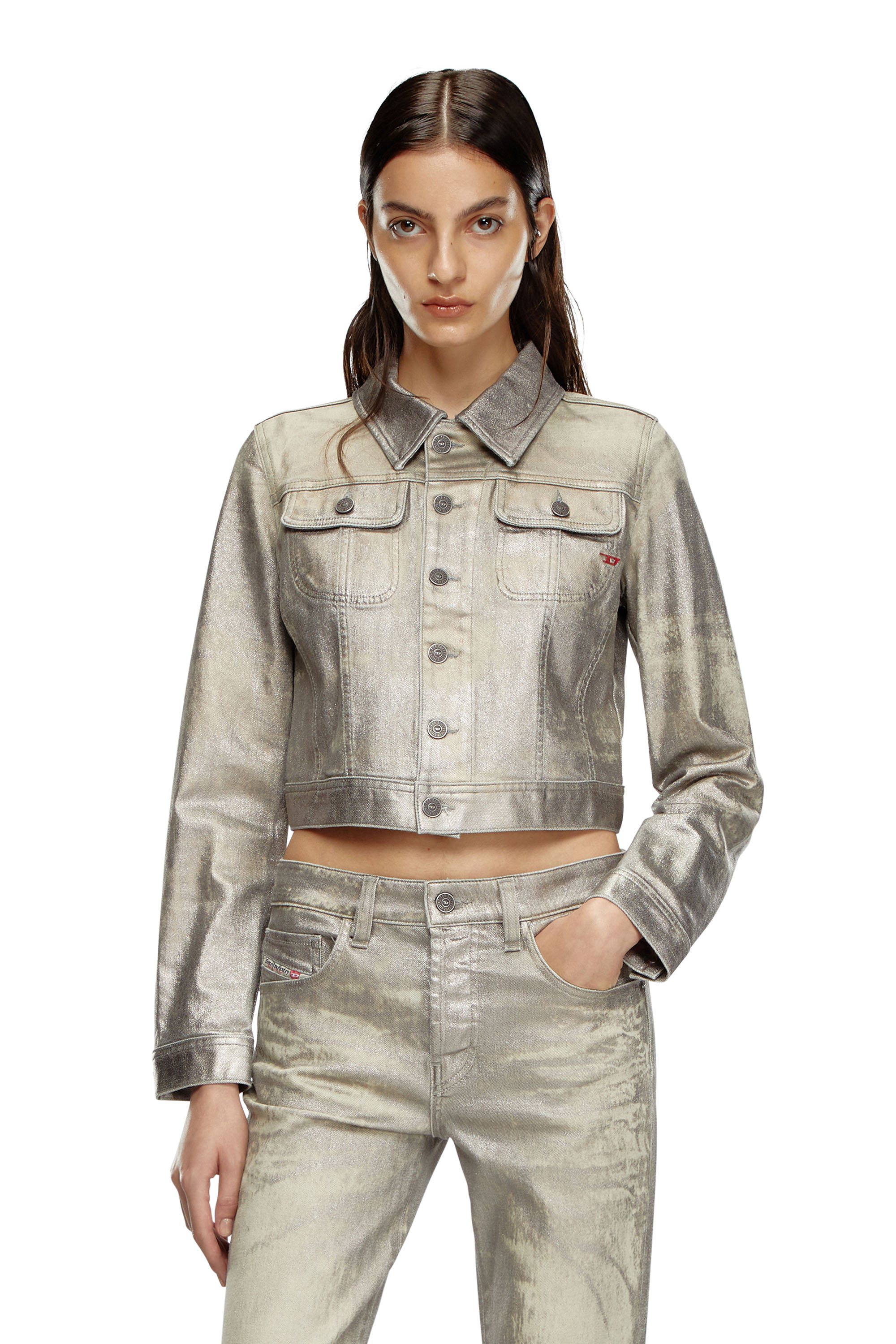 Diesel - DE-SLIMMY-S1, Damen Truckerjacke aus glänzendem Denim-Canvas in Grau - 1