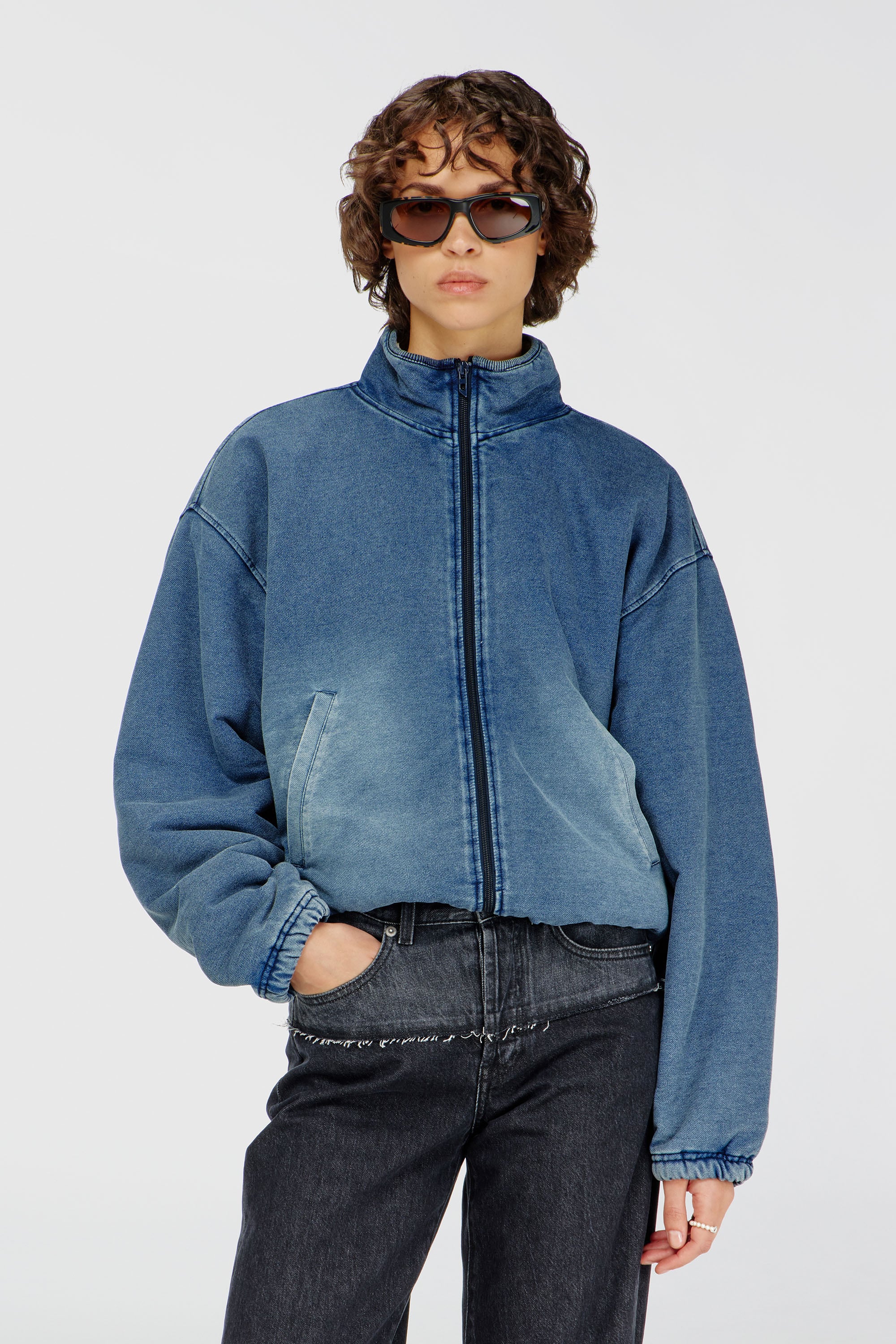 Diesel - G-LEAMY, Damen Sweatjacke mit Denim-Effekt in Mittelblau - 1