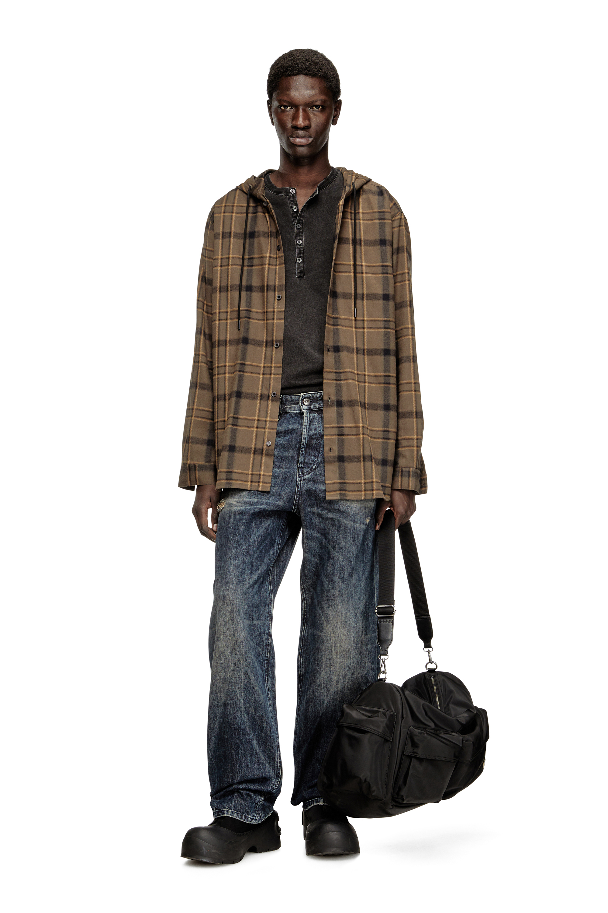 Diesel - S-IX, Herren Kapuzenshirt aus kariertem Flanell mit Logo in Braun - 2
