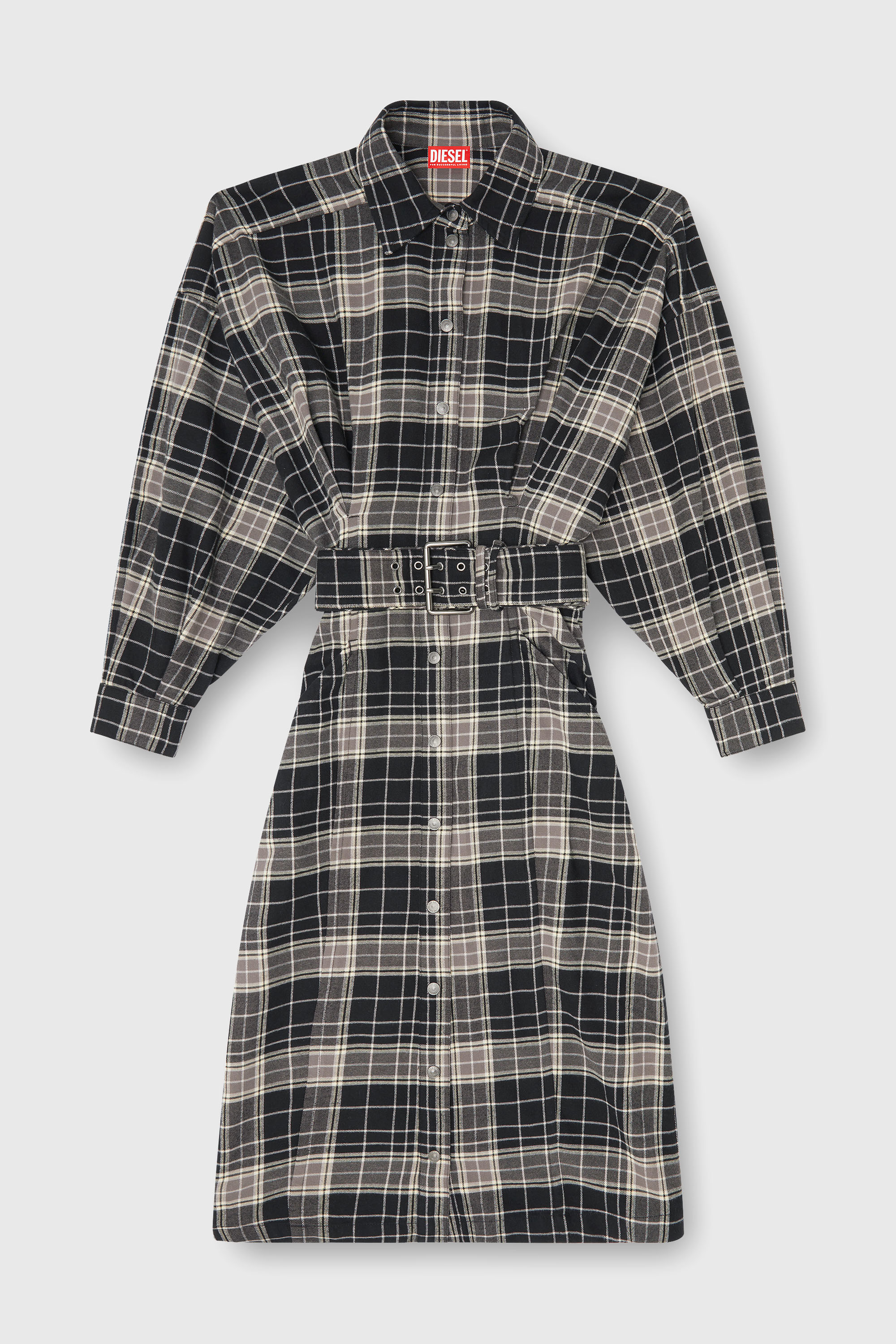 Diesel - D-EDALUS, Damen Midikleid aus kariertem Flanell mit breitem G&uuml;rtel in Grau/Schwarz - 1