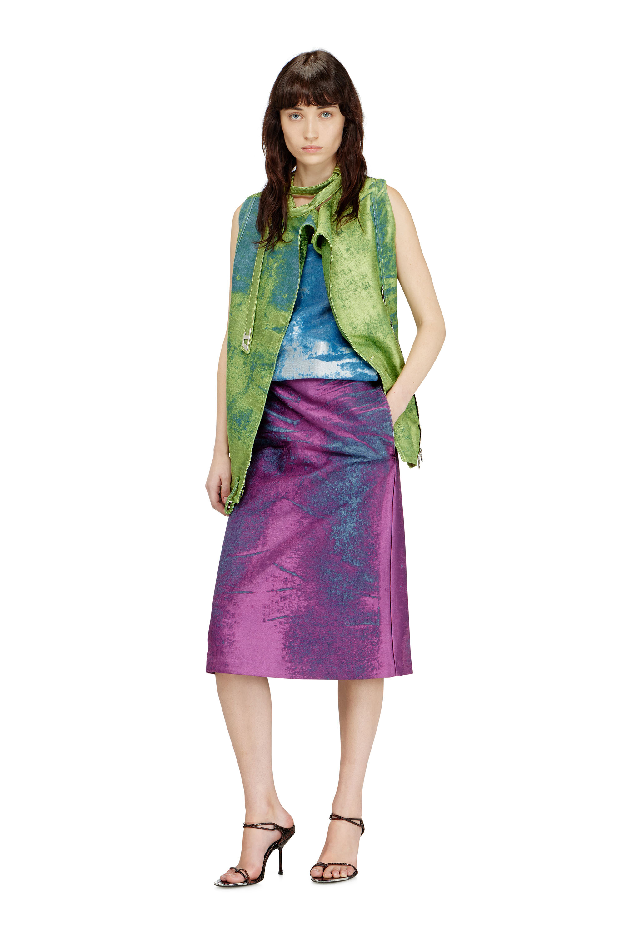 Diesel - DE-VANTOS-FSI, Damen Weste mit G&uuml;rtel aus farbigem Satin-Denim in Gr&uuml;n - 1