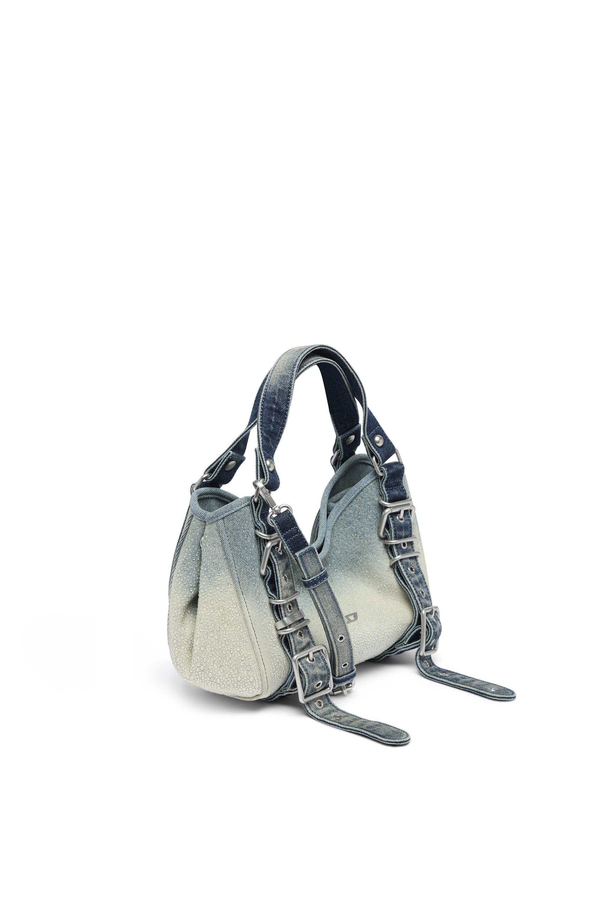 Diesel - D-ONE TOPHANDLE S, Damen D-One-Small Henkeltasche aus solarisiertem Denim mit Kristallen in Blau - 5