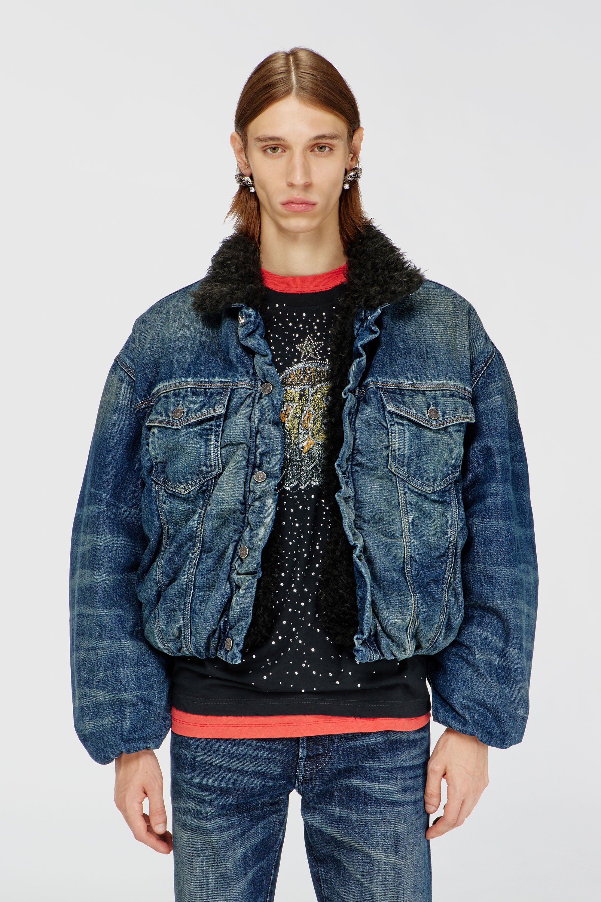 Diesel - D-CURLY-FSJ1, Unisex Truckerjacke aus Denim mit Teddyfutter in Mittelblau - 1