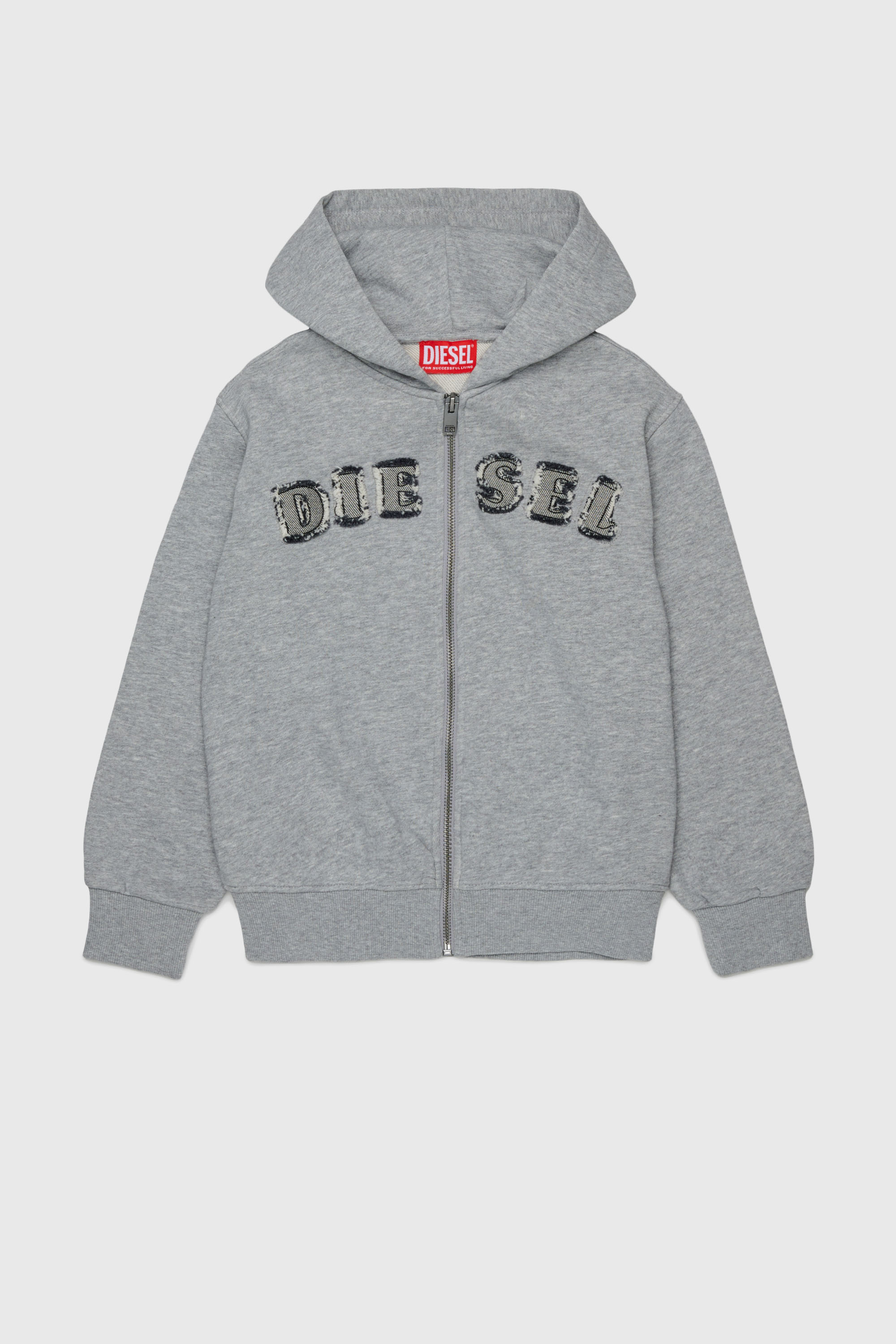 Diesel - SJEANSHOOD OVER, Herren Kapuzensweatshirt mit ausgefransten Logo-Buchstaben mit Rei&szlig;verschluss in Grau - 1