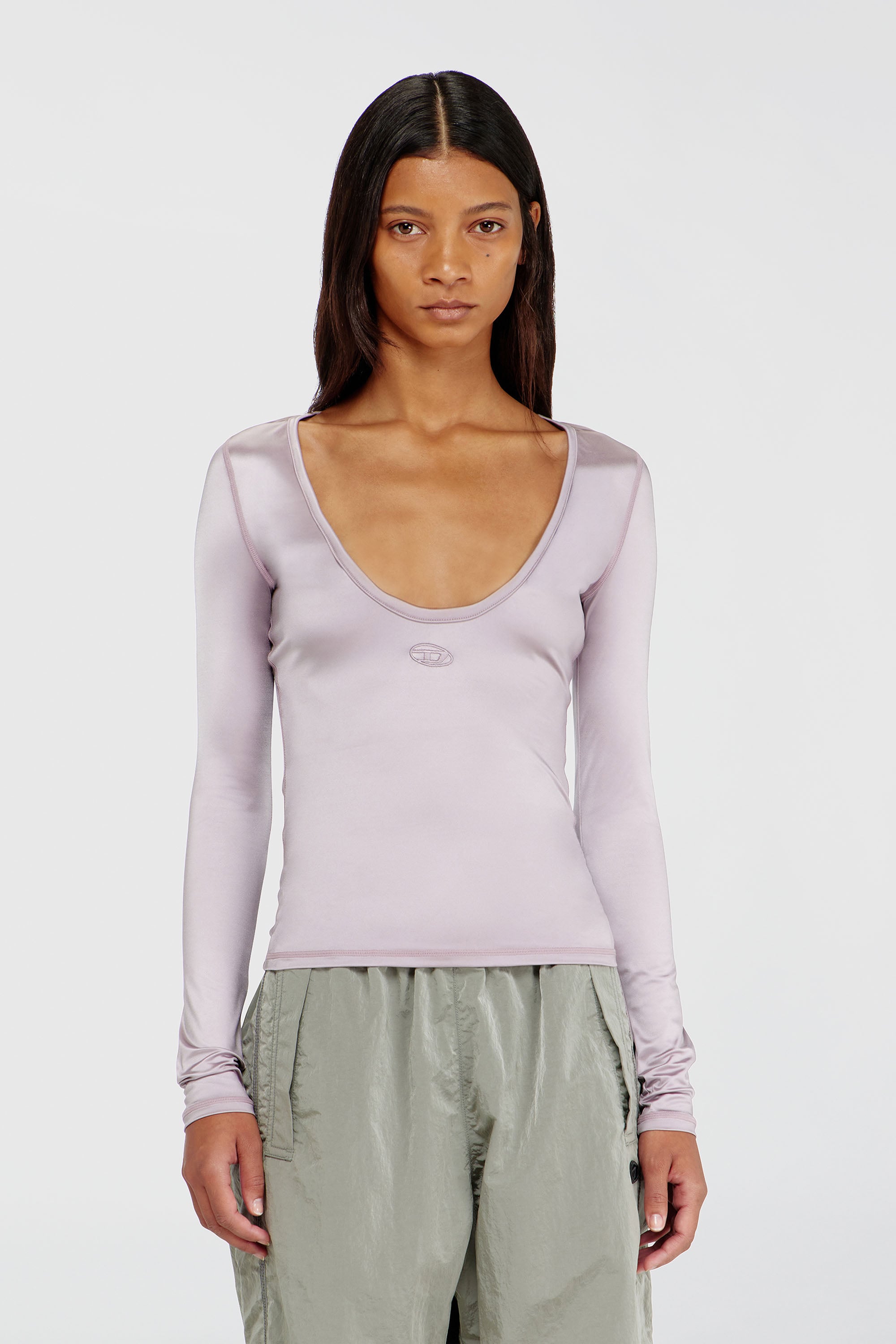 Diesel - T-ELPHIN-LS, Damen Nylon slim top mit Rundhalsausschnitt und Logo Oval D Stickerei in Lila - 3