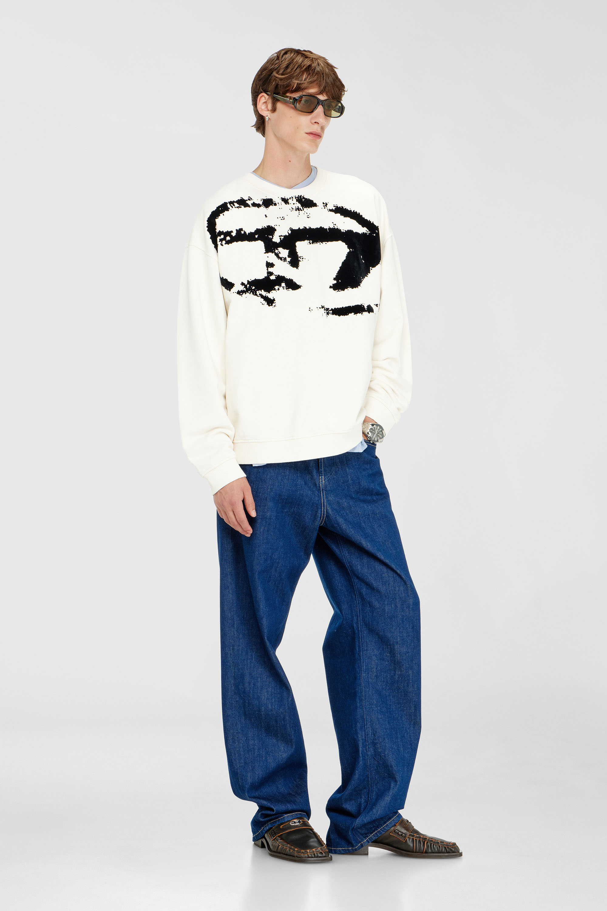 Diesel - S-BOXT-N5, Herren Baumwoll-Sweatshirt mit geflocktem Oval D in Schwarz/Weiss - 2