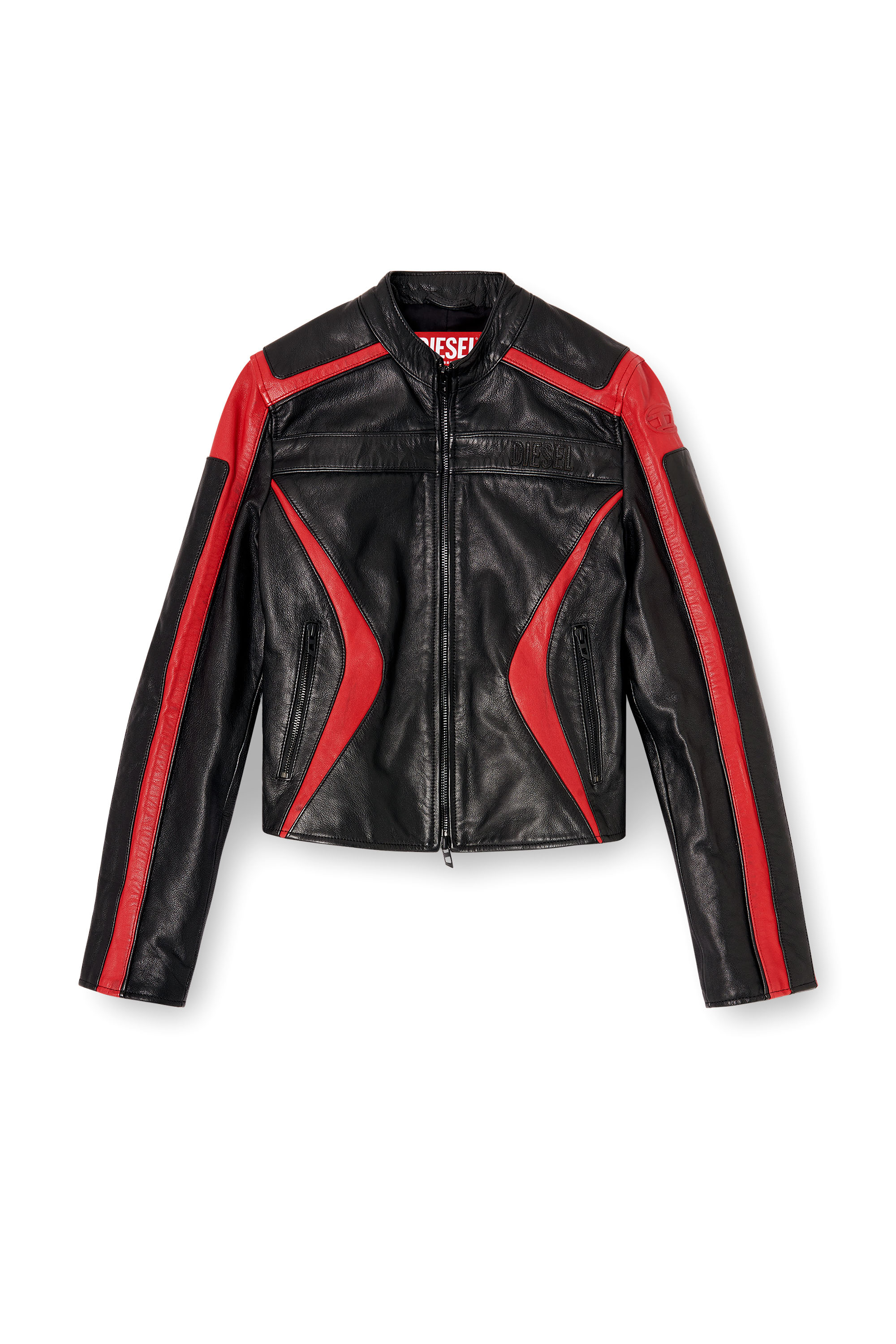 Diesel - L-OVABLE, Damen Bikerjacke aus Leder im Colour-Block-Design in Schwarz/Rot - 2
