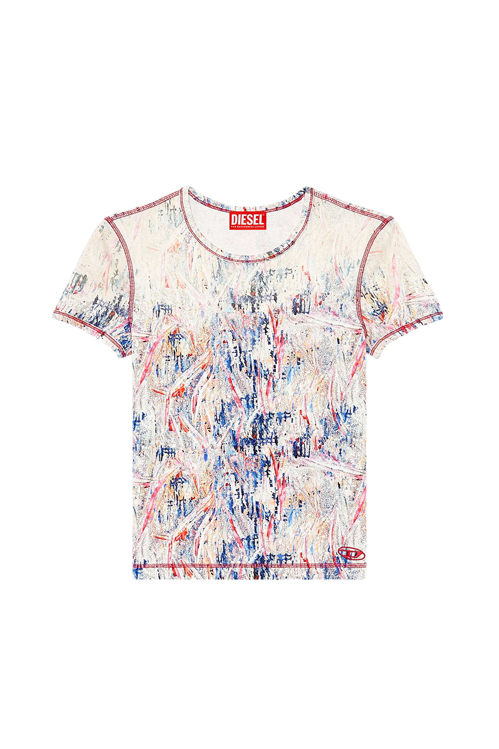 Diesel - T-ELE-LONG-N1, Damen Geripptes T-Shirt mit Spraybehandlung in Rosa/Weiss - 2