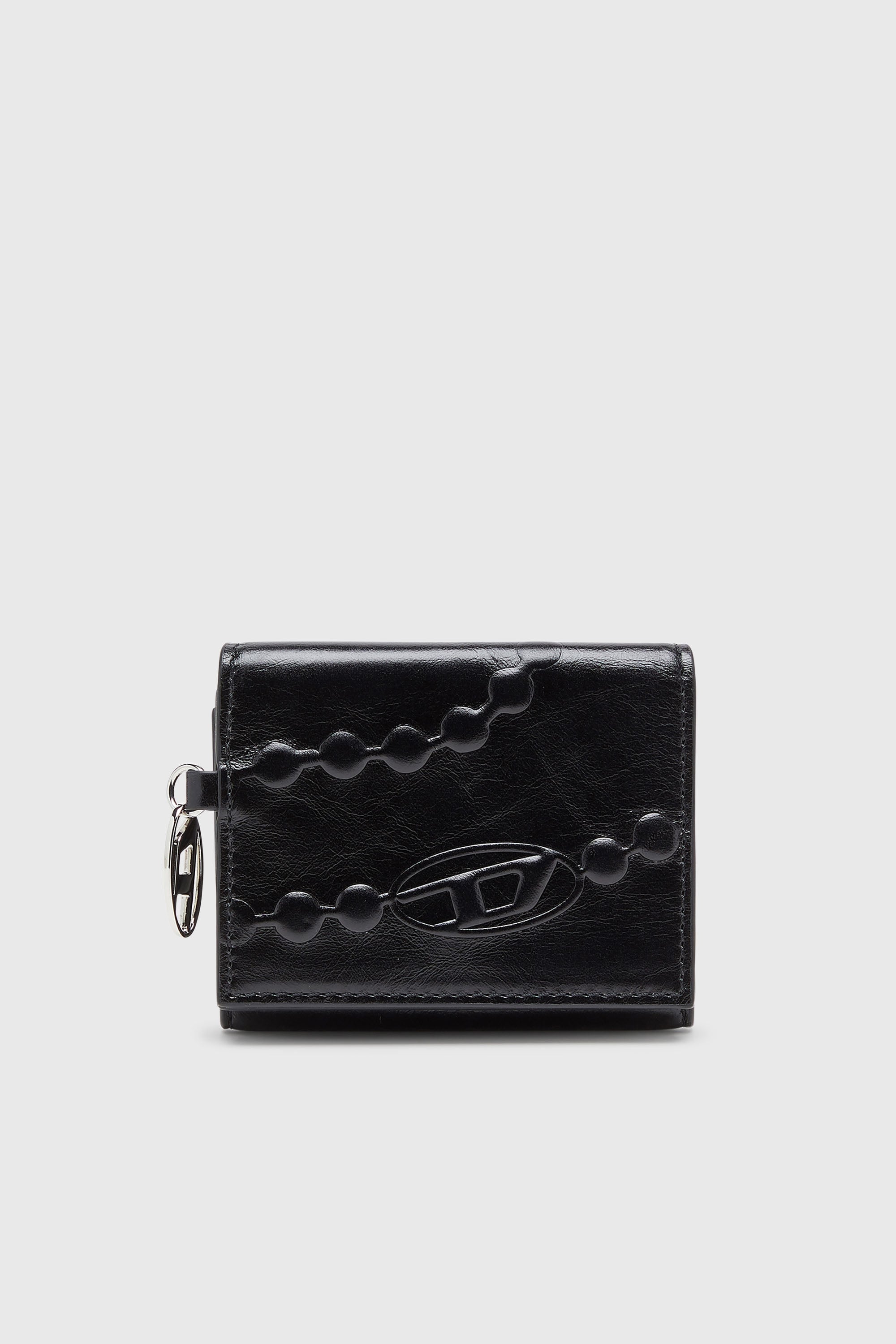 Diesel - OVAL-D TRI FOLD ZIP COIN XS II, Damen Leder-Geldb&ouml;rse mit gepr&auml;gtem Motiv, dreifach faltbar in Schwarz - 1