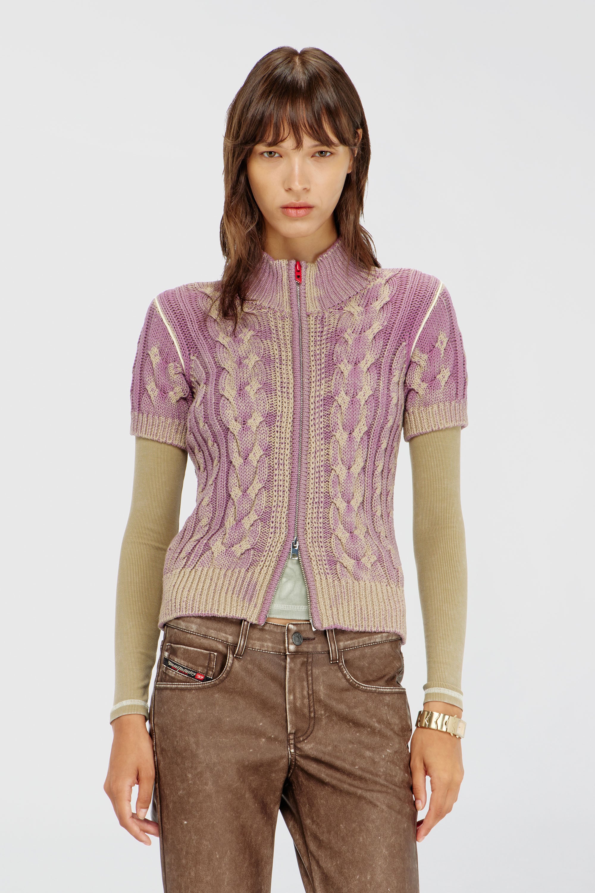 Diesel - M-ELANA, Damen Kurzarm-zip-cardigan im Zopfmuster in Beige/Violett - 1