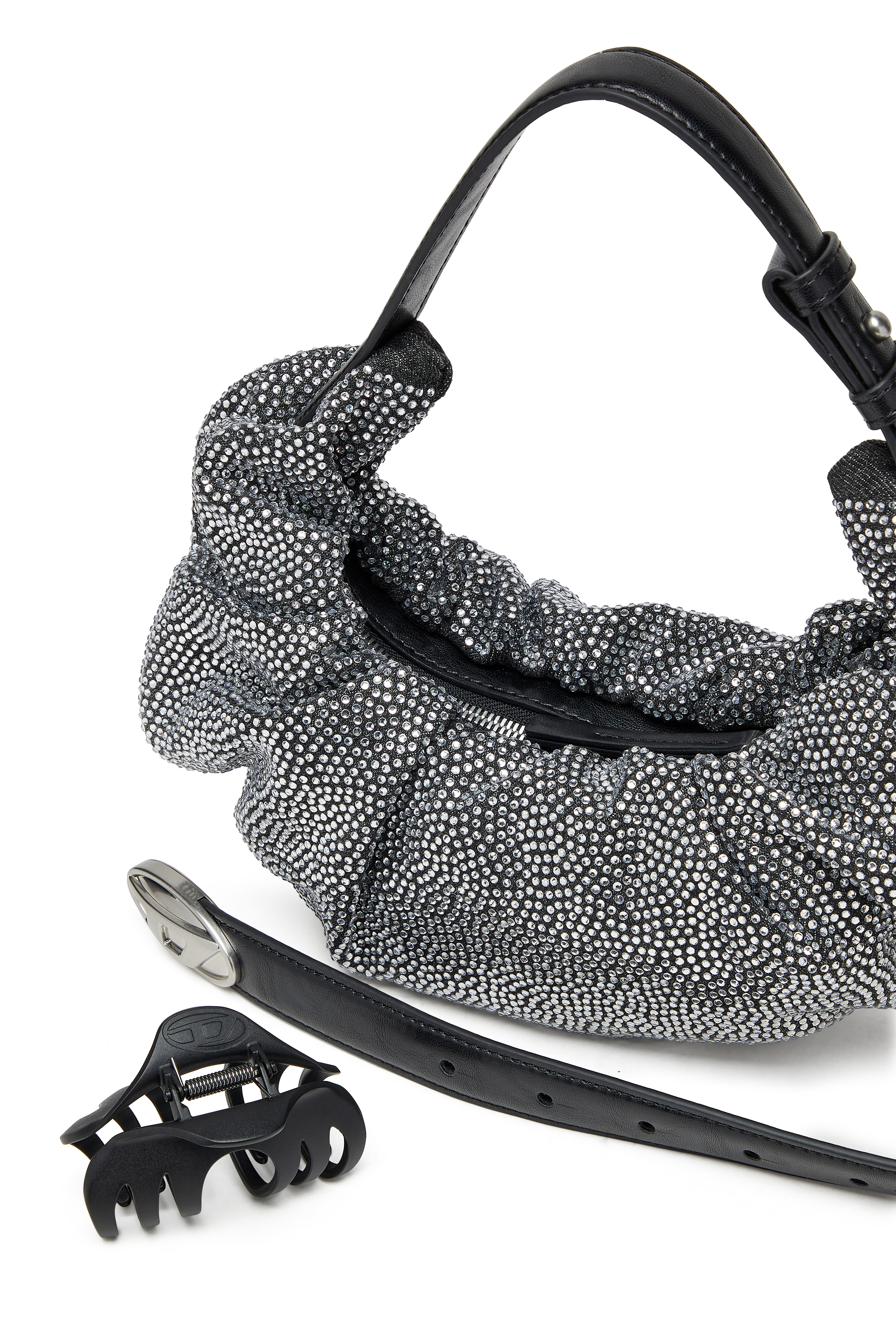 Diesel - GRAB-D HOBO S, Damen Kleine zerknitterte Hobo-Tasche aus Crystal Denim in Schwarz - 5