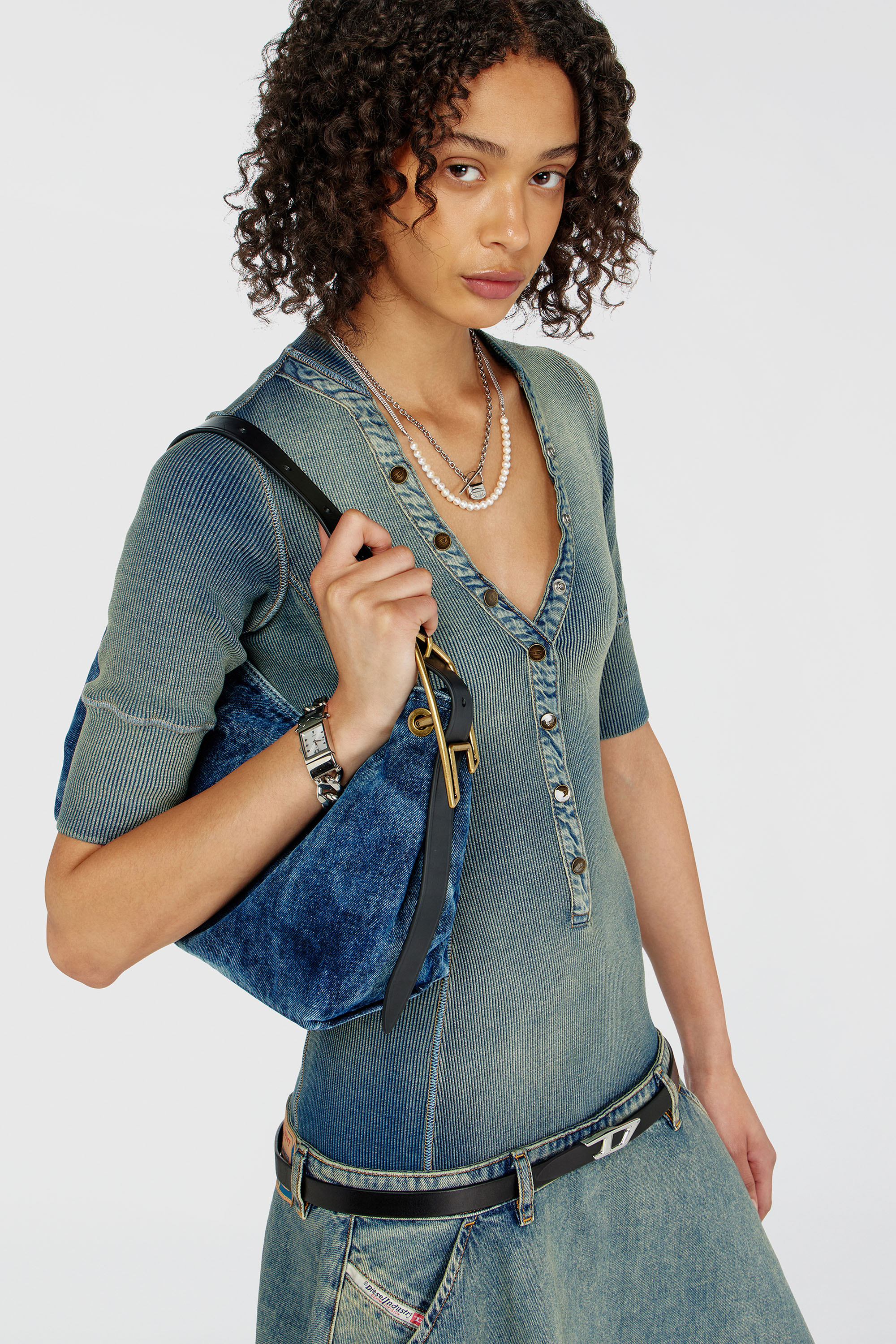 Diesel - DE-ANIM-S, Damen Midikleid mit tiefer Taille aus Strick und Denim in Mittelblau - 5