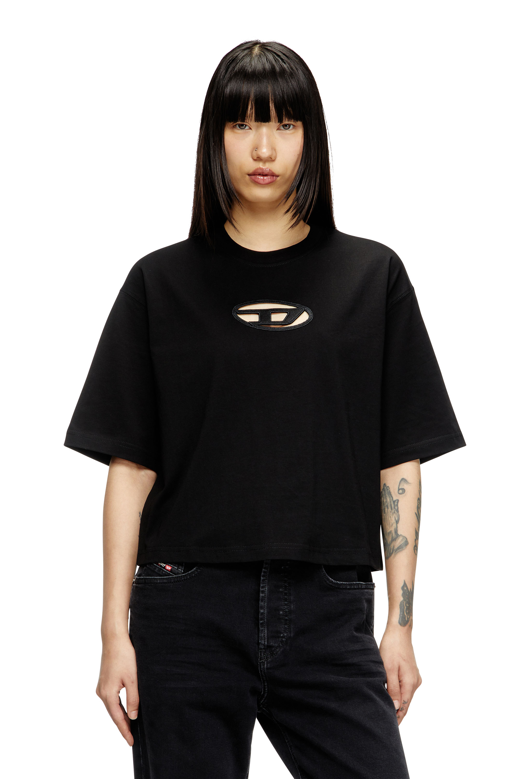 Diesel - T-ROWY-OD, Damen Kastiges T-Shirt mit D-Stickerei in Schwarz - 3