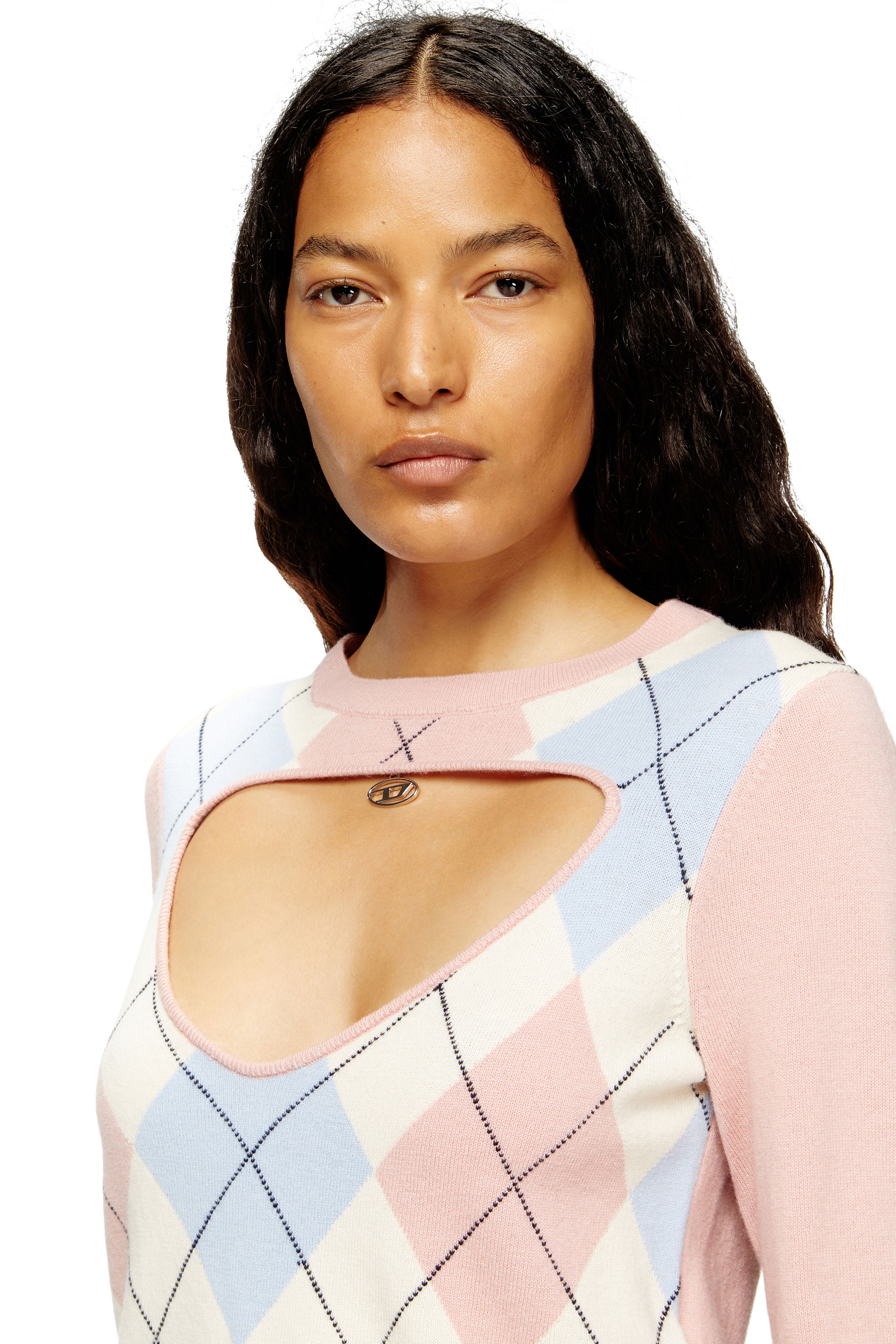 Diesel - M-ROMKO-LS, Damen Ausgeschnittener Pullover aus Argyle-Wolle in Rosa - 5