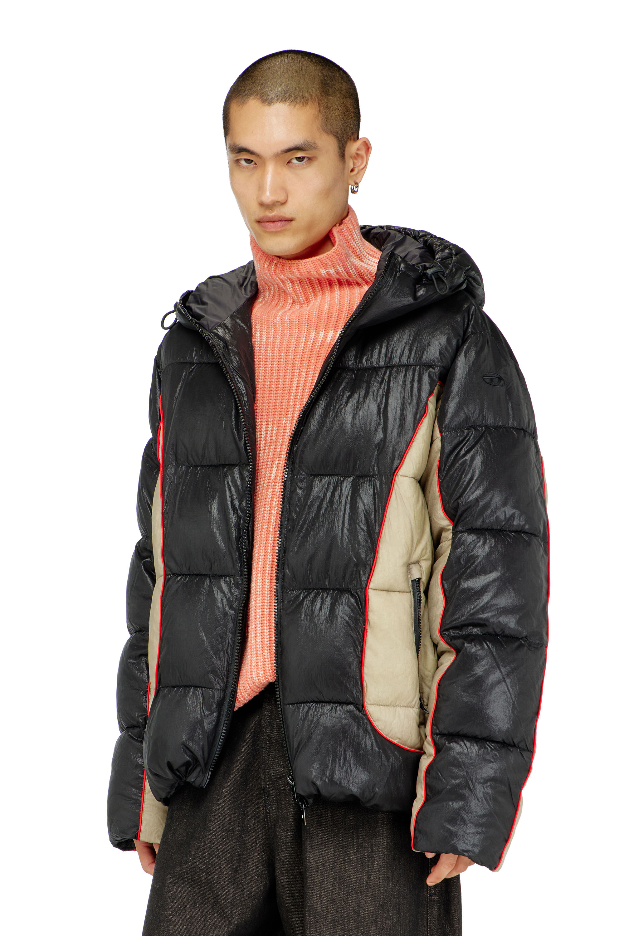 Diesel - W-OSTEND, Man's Hooded puffer jacket in shiny ripstop in Black/Beige - 3