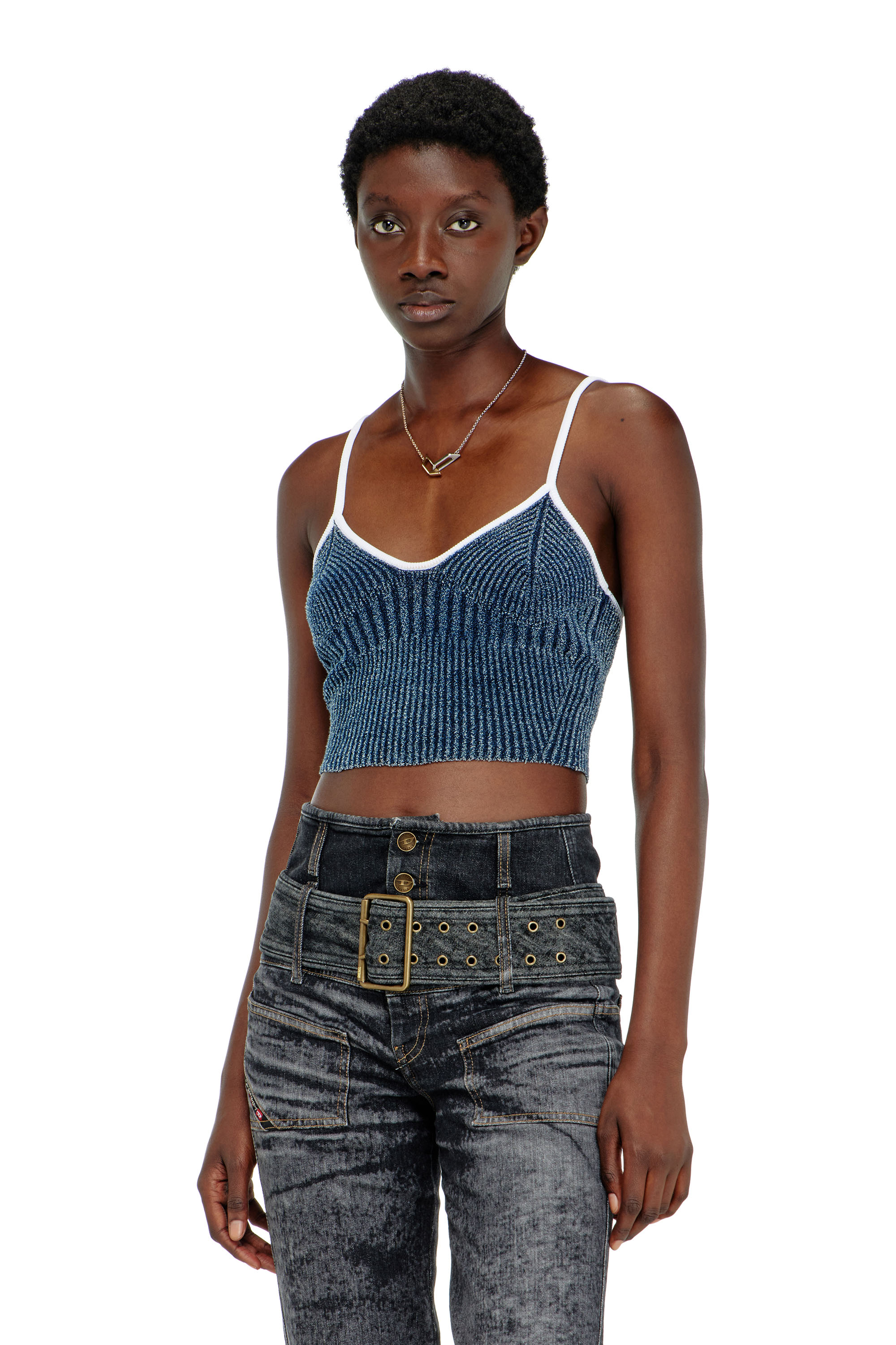 Diesel - M-ESTERE, Damen Crop-Top aus indigo boucl&eacute; Rippstrick in Blau/Weiss - 1