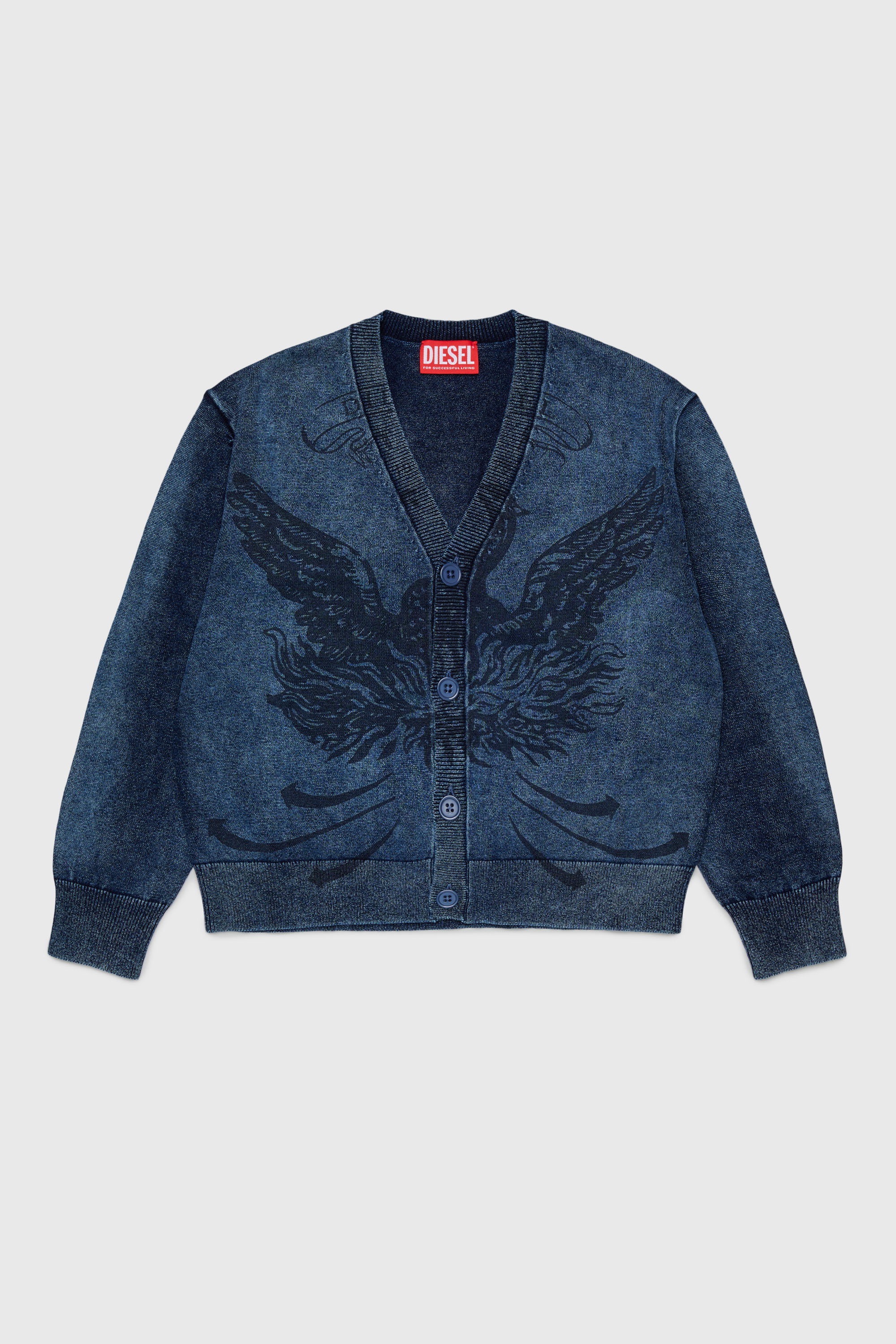 Diesel - KFINNIC CARDIGAN OVER, Herren Cardigan in Denim-Optik mit Ph&ouml;nix-Motiv in Dunkelblau - 1